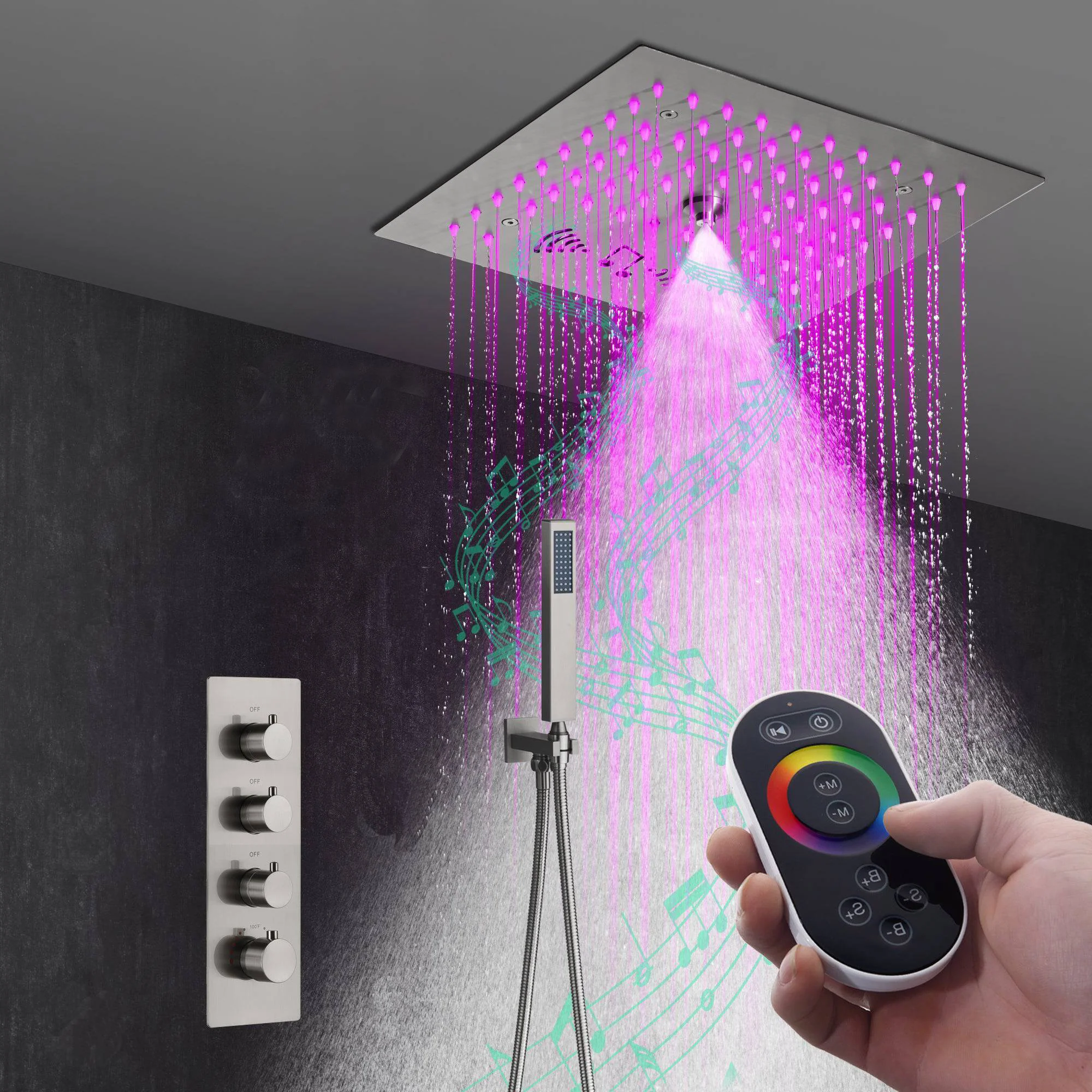 Flushed mount 12 inch 64 LED colors light Brushed gold Bluetooth Music 3 ways Shower Faucet - Image 10