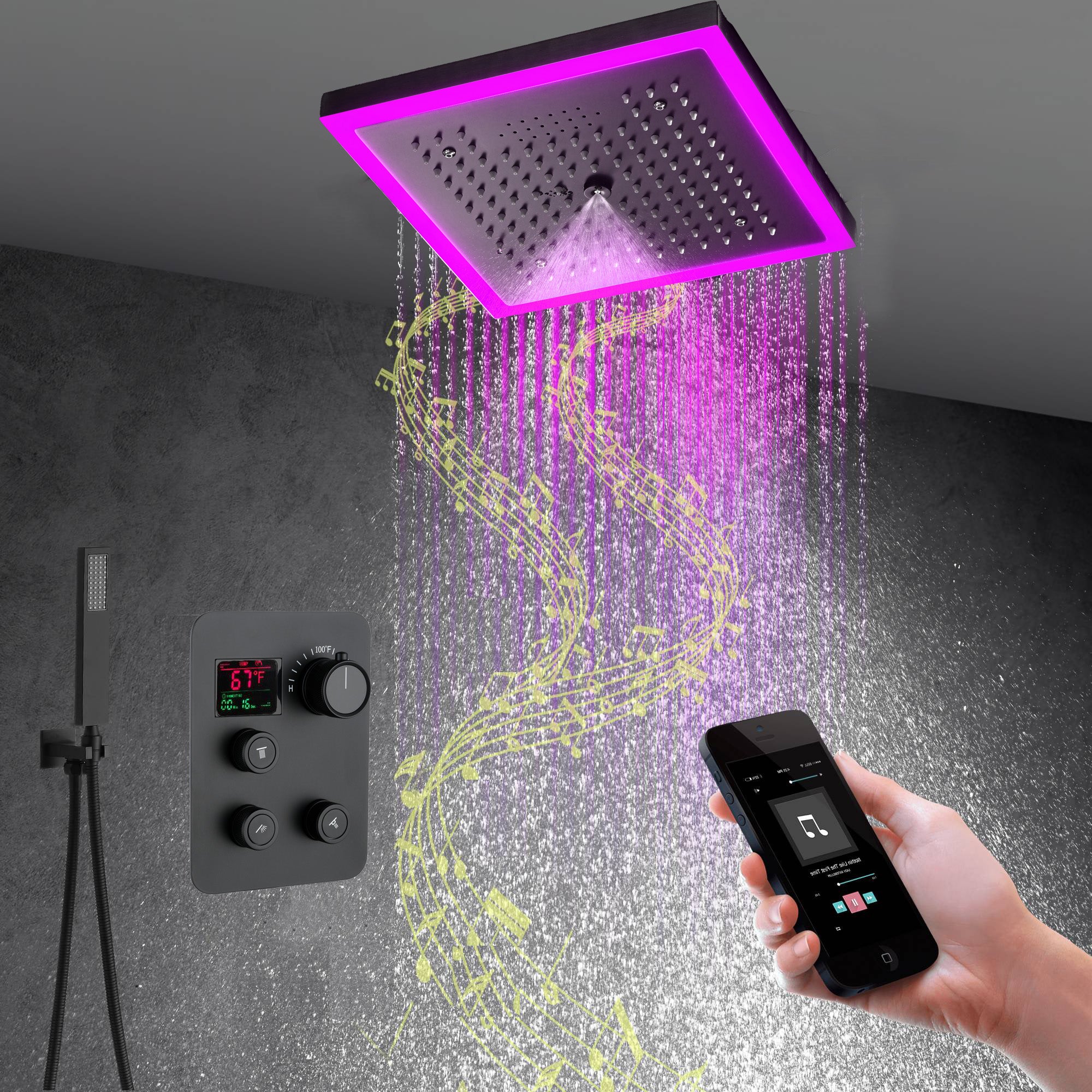 Flushed mount 12 inch 64 LED colors light Brushed gold Bluetooth Music 3 ways Shower Faucet - Image 13
