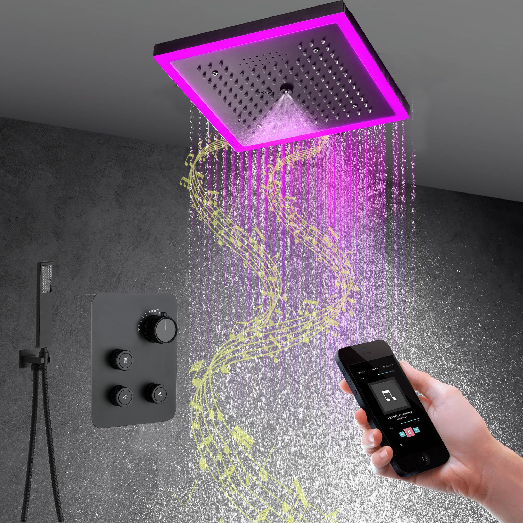 Flushed mount 12 inch 64 LED colors light Brushed gold Bluetooth Music 3 ways Shower Faucet - Image 14