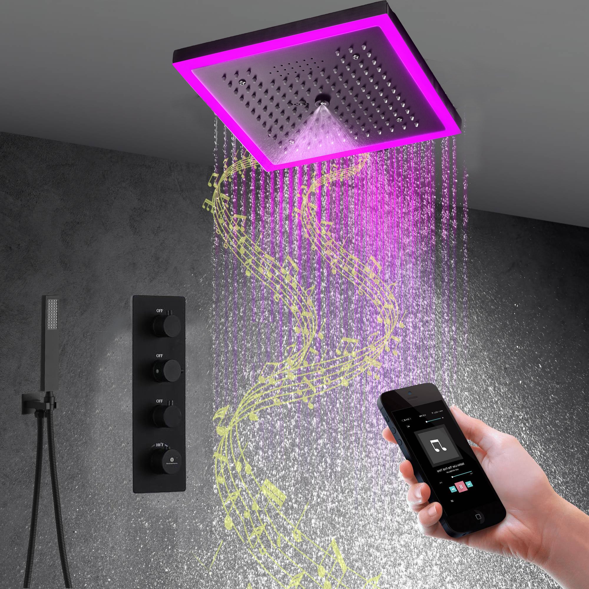 Flushed mount 12 inch 64 LED colors light Brushed gold Bluetooth Music 3 ways Shower Faucet - Image 15