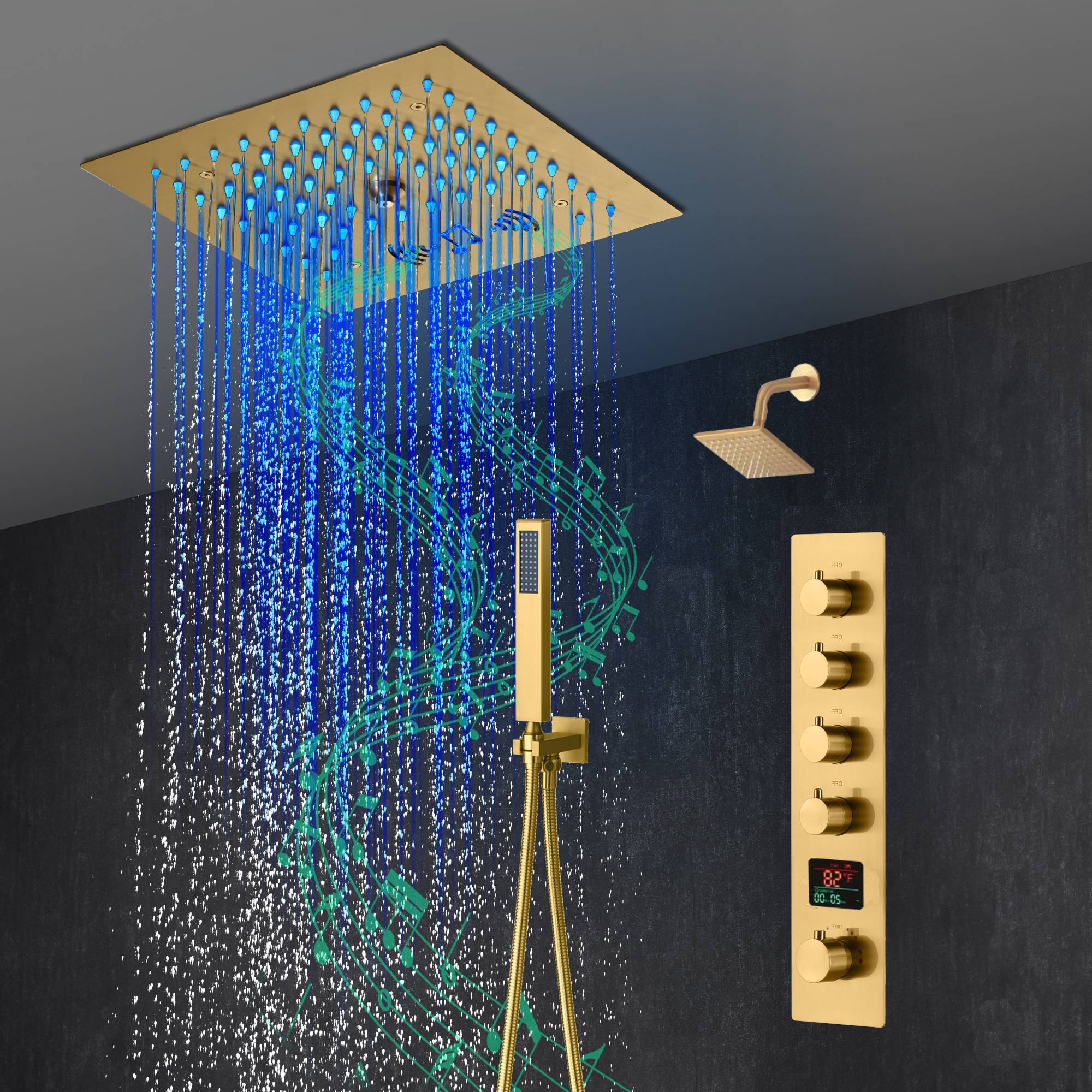 12-Inch Brushed Gold Flush Mount Shower Faucet Set: 4-Way Thermostatic Control, 64-Color LED Lights, Bluetooth Music, and Regular Head - Image 2