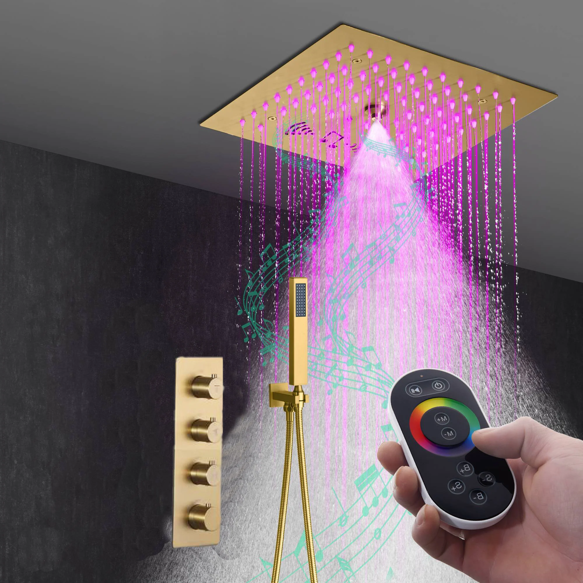 Flushed mount 12 inch 64 LED colors light Brushed gold Bluetooth Music 3 ways Shower Faucet - Image 3