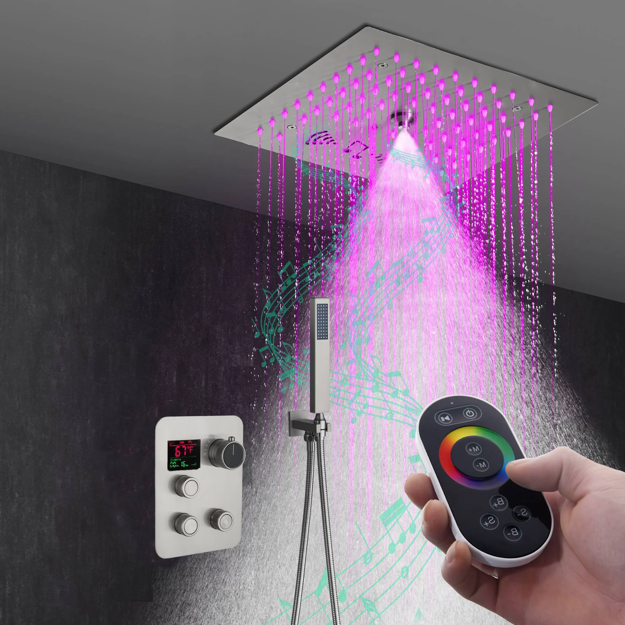 Flushed mount 12 inch 64 LED colors light Brushed gold Bluetooth Music 3 ways Shower Faucet - Image 8