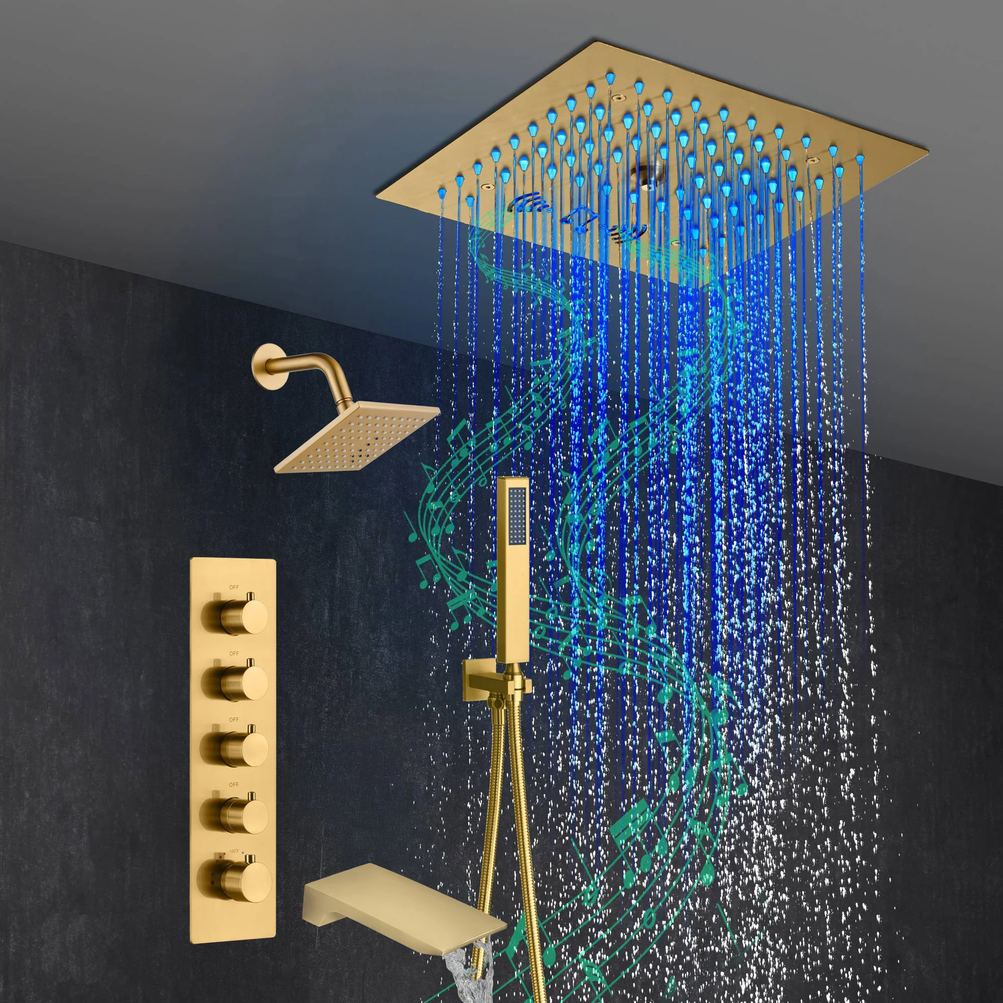 Brushed Gold 4-Way Thermostatic Shower Faucet: Flush Mount with Tub Spout, 12-Inch LED Light Shower Head with 64 Colors and Bluetooth Music - Image 3