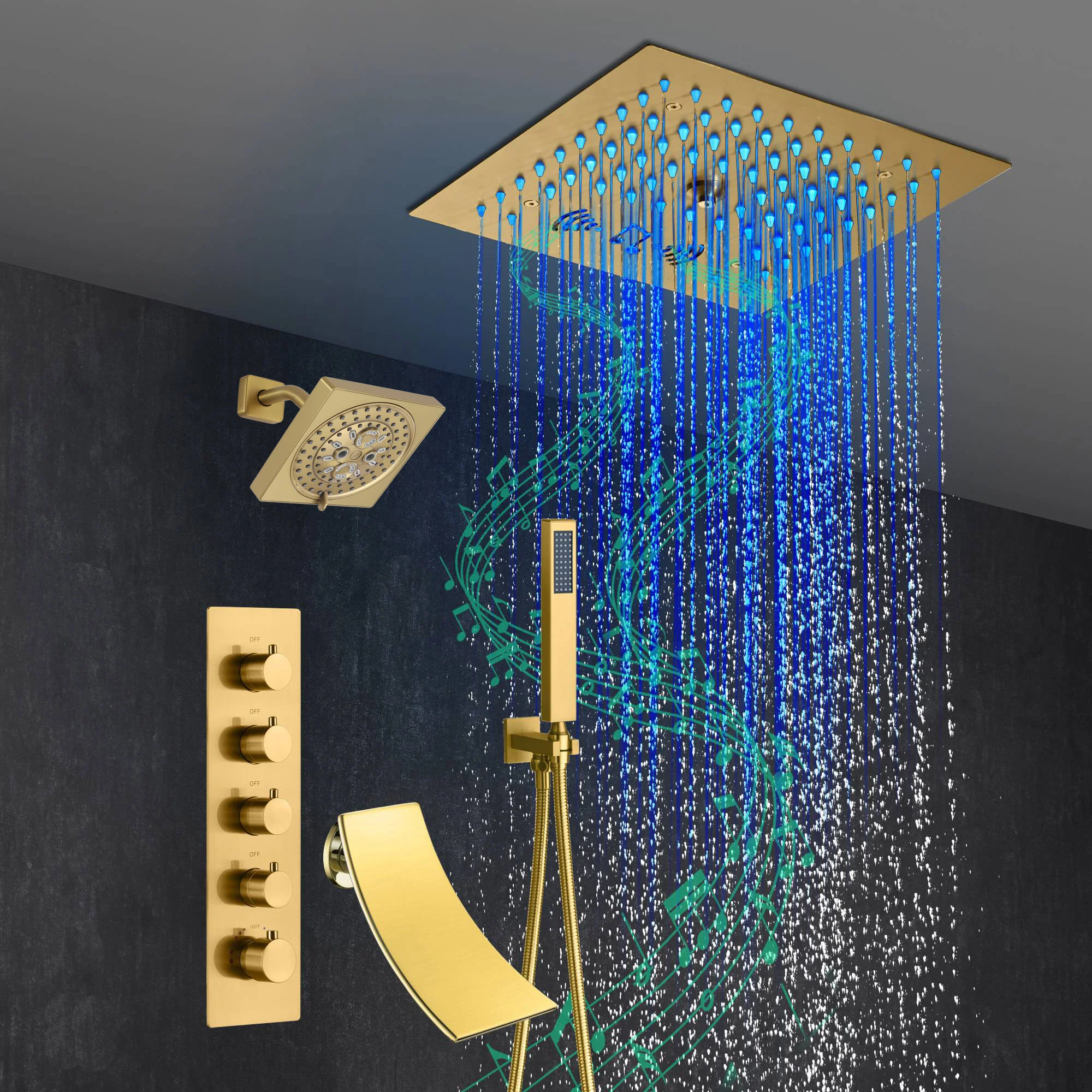 Brushed Gold 4-Way Thermostatic Shower Faucet: Flush Mount with Tub Spout, 12-Inch LED Light Shower Head with 64 Colors and Bluetooth Music - Image 4
