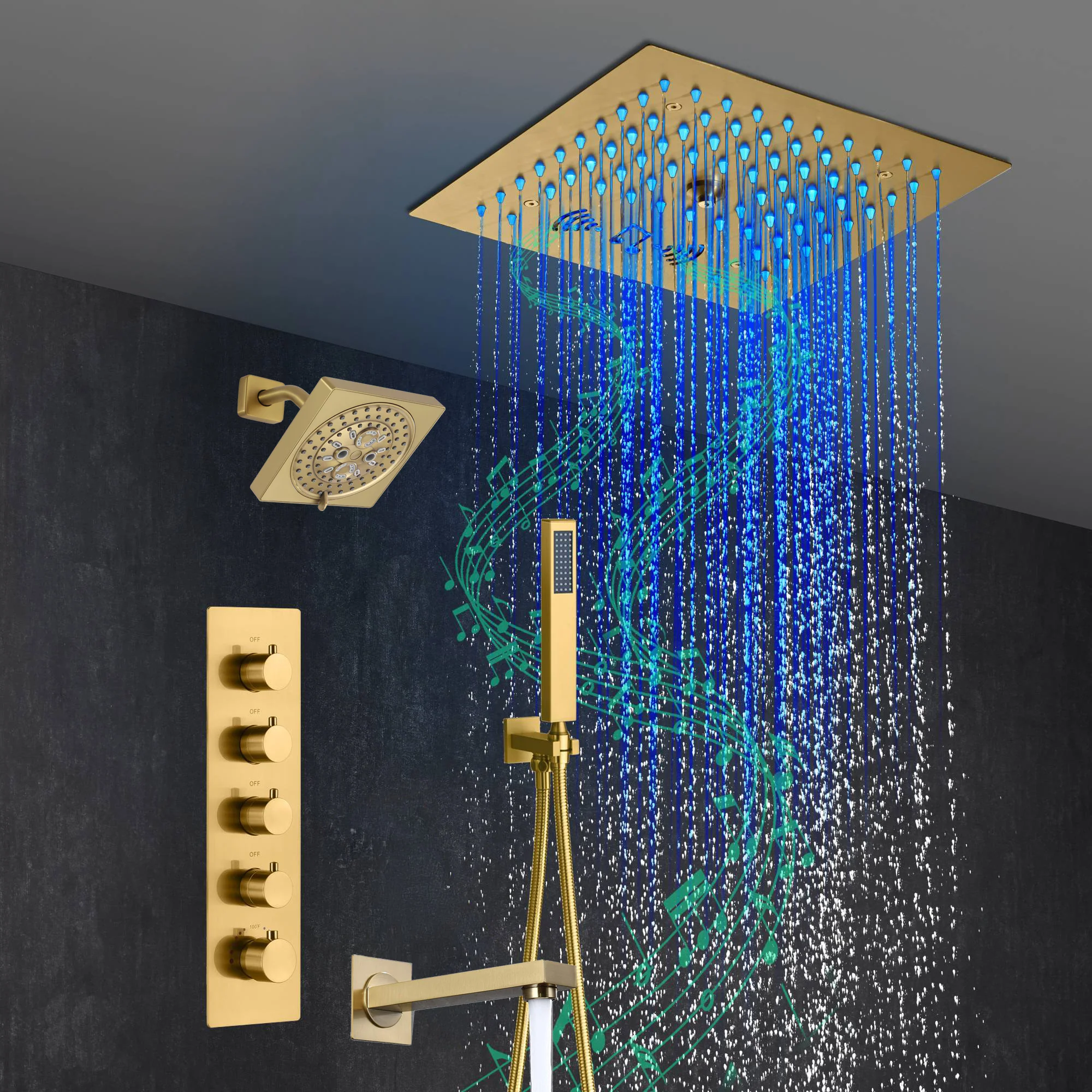 Brushed Gold 4-Way Thermostatic Shower Faucet: Flush Mount with Tub Spout, 12-Inch LED Light Shower Head with 64 Colors and Bluetooth Music - Image 5