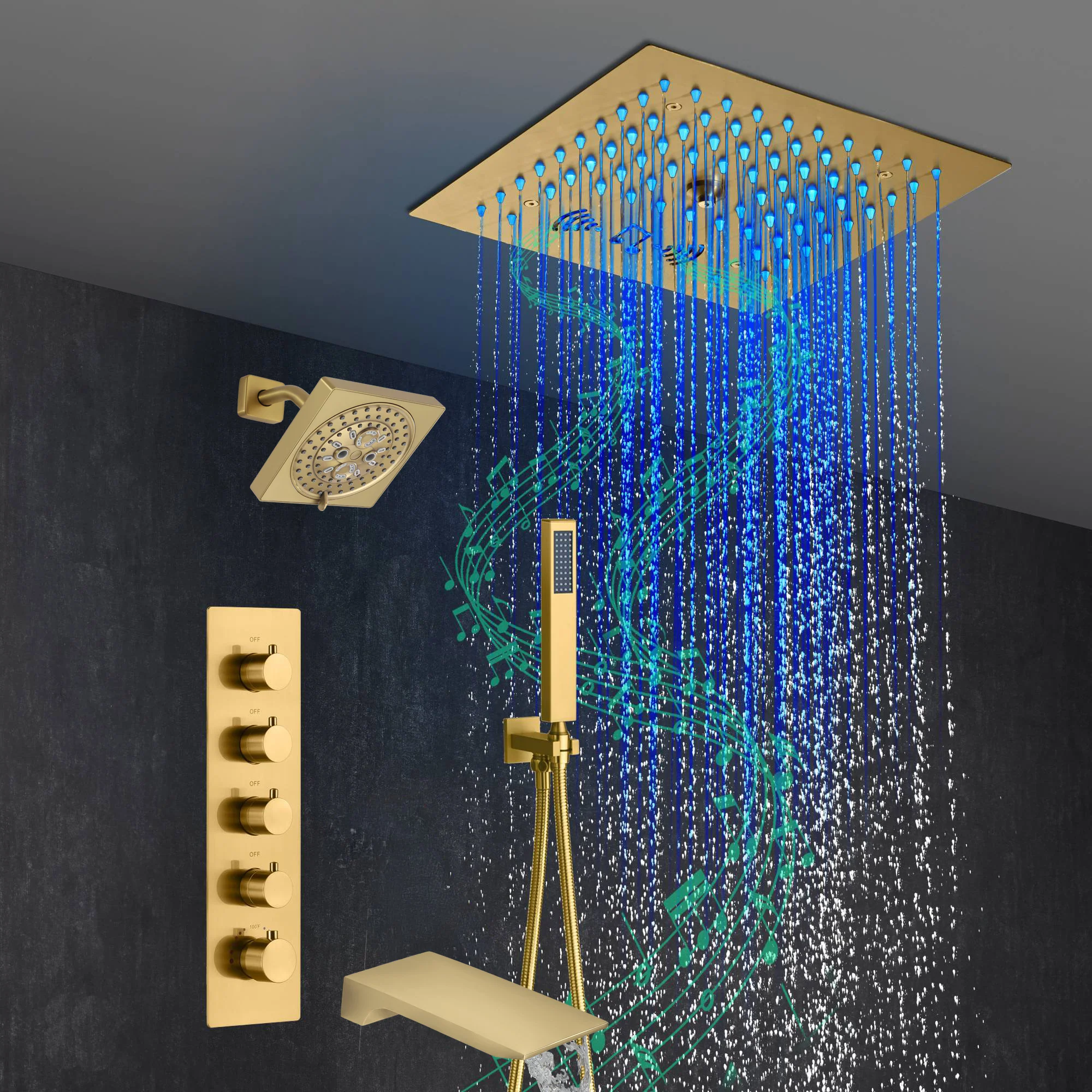 Brushed Gold 4-Way Thermostatic Shower Faucet: Flush Mount with Tub Spout, 12-Inch LED Light Shower Head with 64 Colors and Bluetooth Music - Image 6
