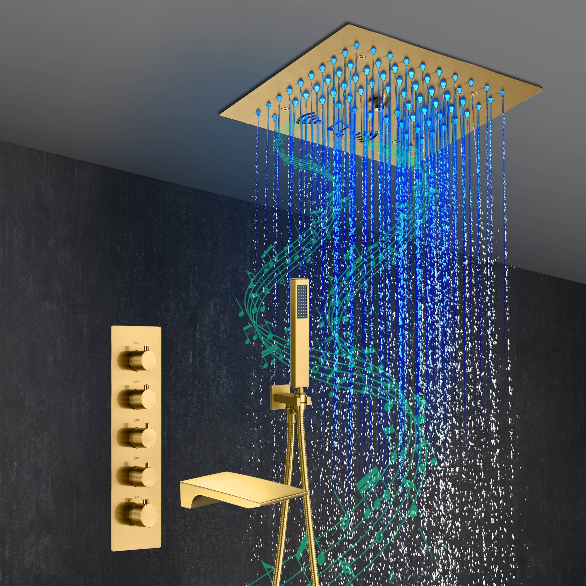 Brushed Gold 4-Way Thermostatic Shower Faucet: Flush Mount with Waterfall Tub Spout, 12-Inch LED Light Shower Head with 64 Colors and Bluetooth Music - Image 3