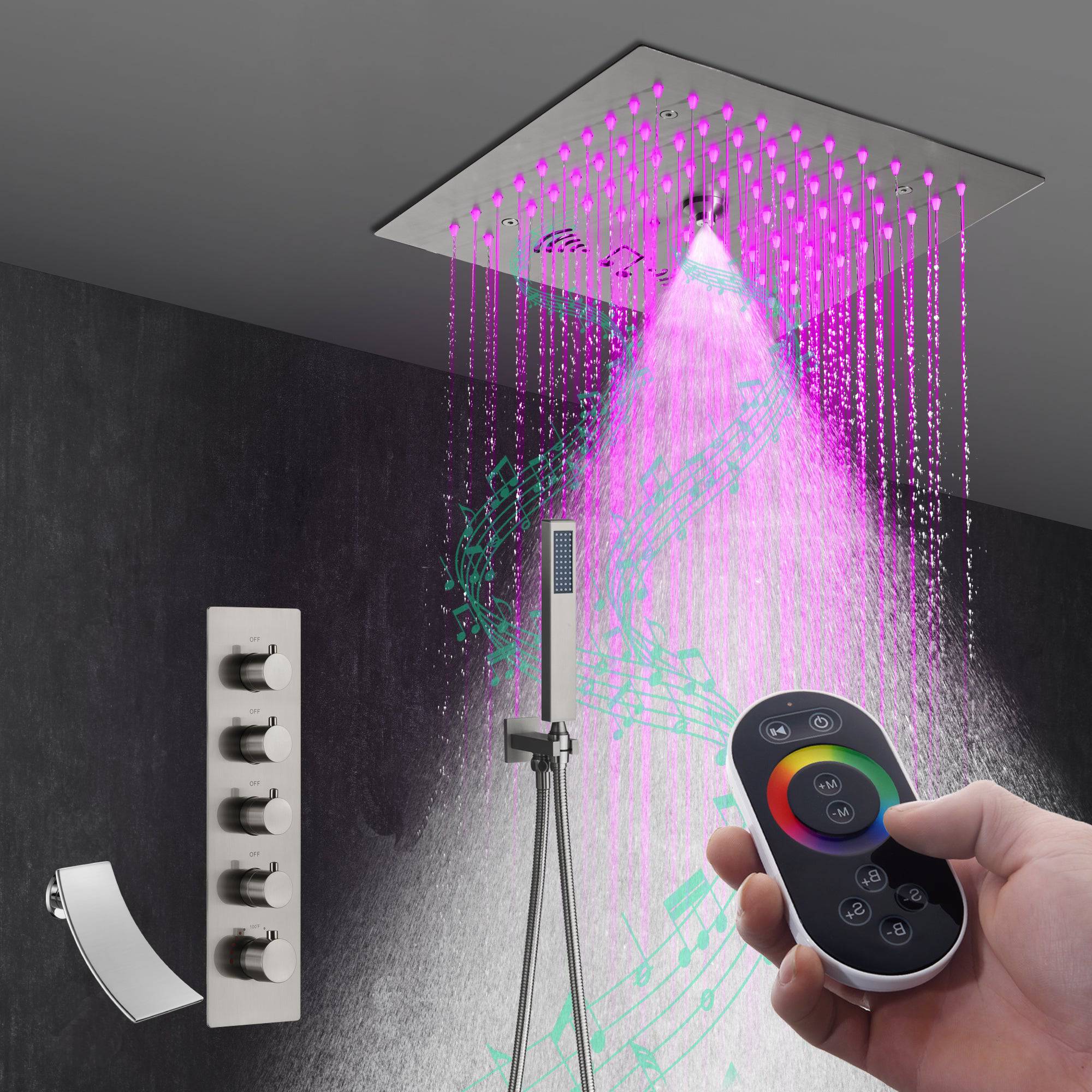 Brushed Nickel 4-Way Thermostatic Shower Faucet: Flush Mount with Waterfall Tub Spout, 12-Inch LED Light Shower Head with 64 Colors and Bluetooth Music - Image 3