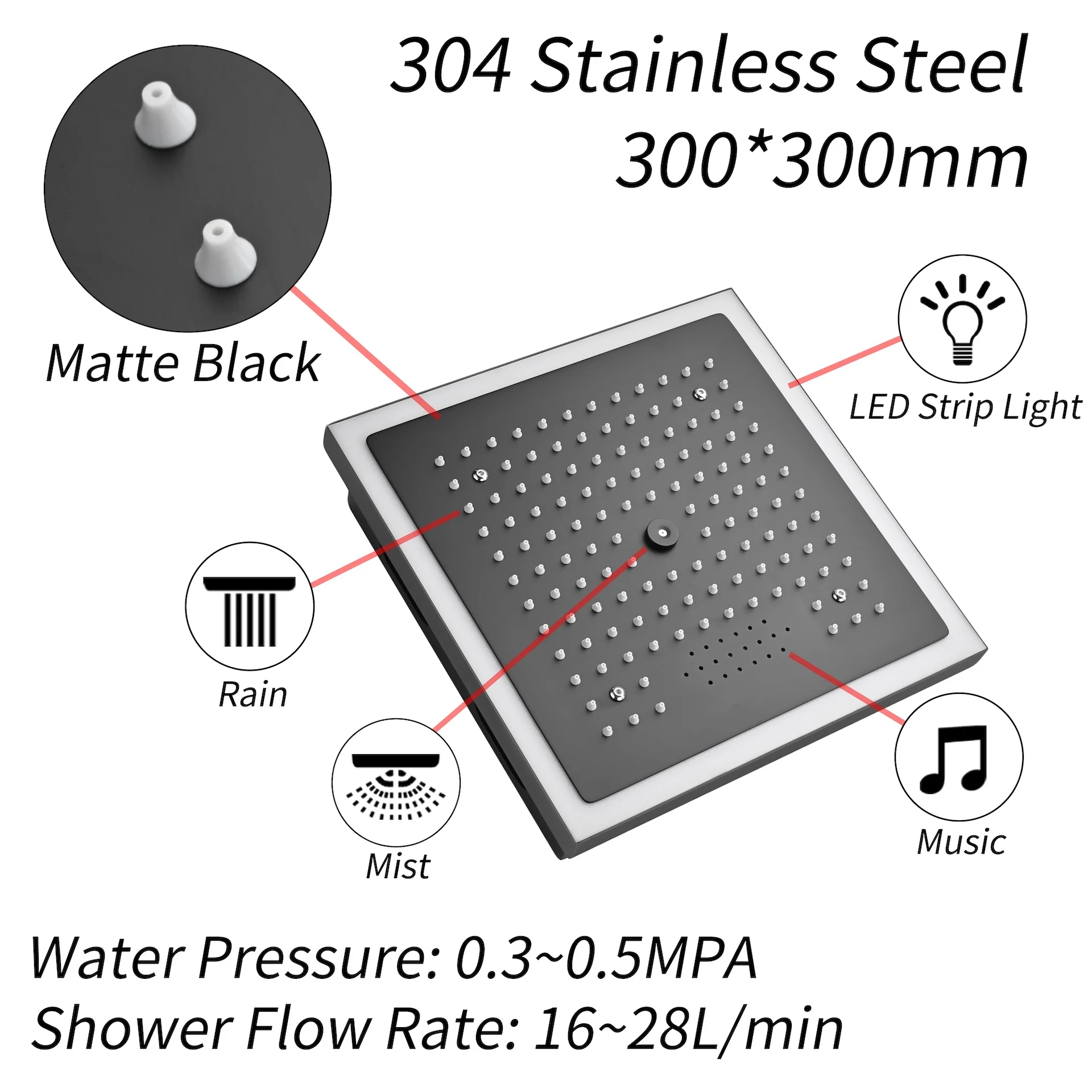 12-Inch Matte Black Flush Mount Shower Faucet Set with Digital Display: 4-Way Thermostatic Control, 64-Color LED Lights, Bluetooth Music, Body Sprayers and Regular Head - Image 13