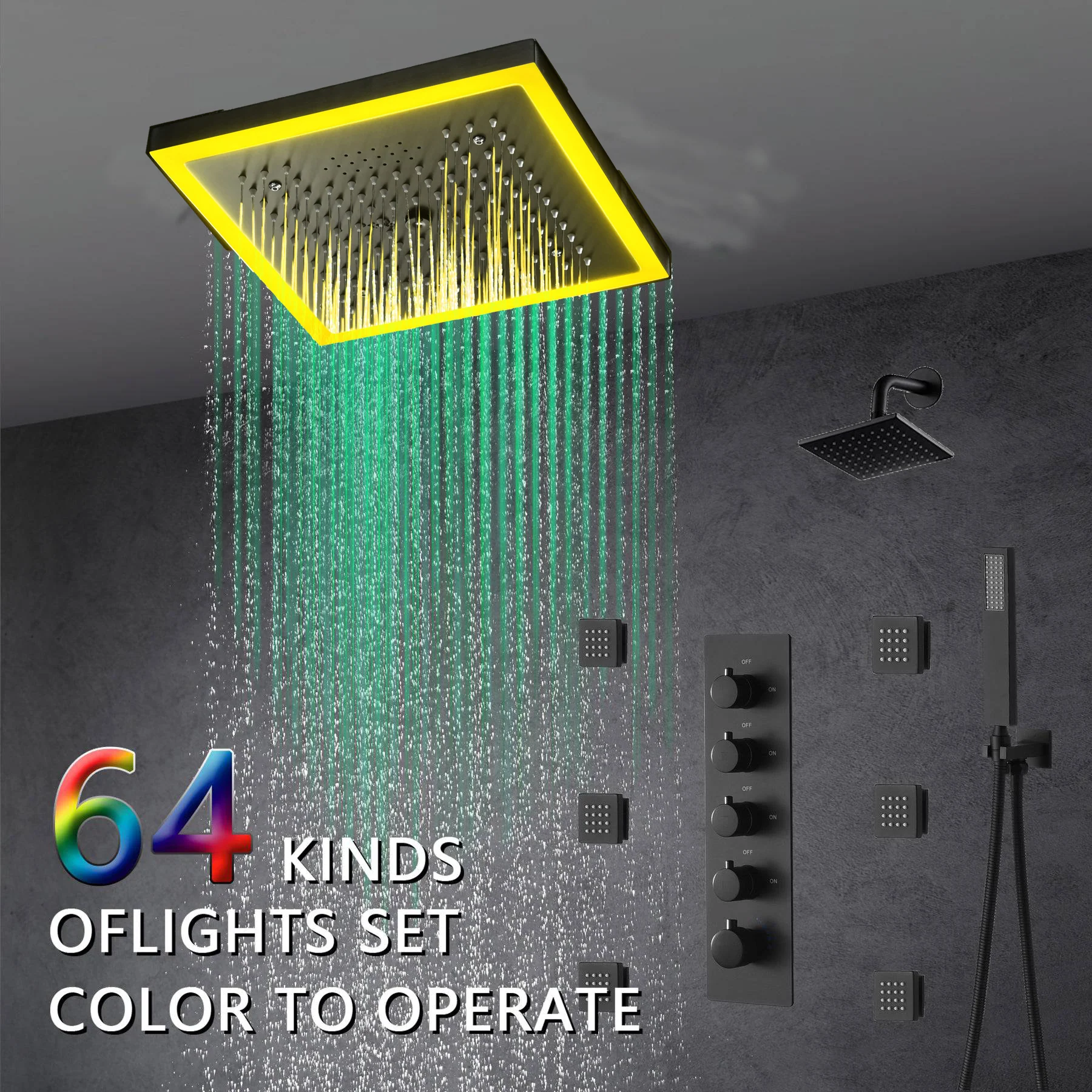 12-Inch Matte Black Flush Mount Shower Faucet Set with Digital Display: 4-Way Thermostatic Control, 64-Color LED Lights, Bluetooth Music, Body Sprayers and Regular Head - Image 3