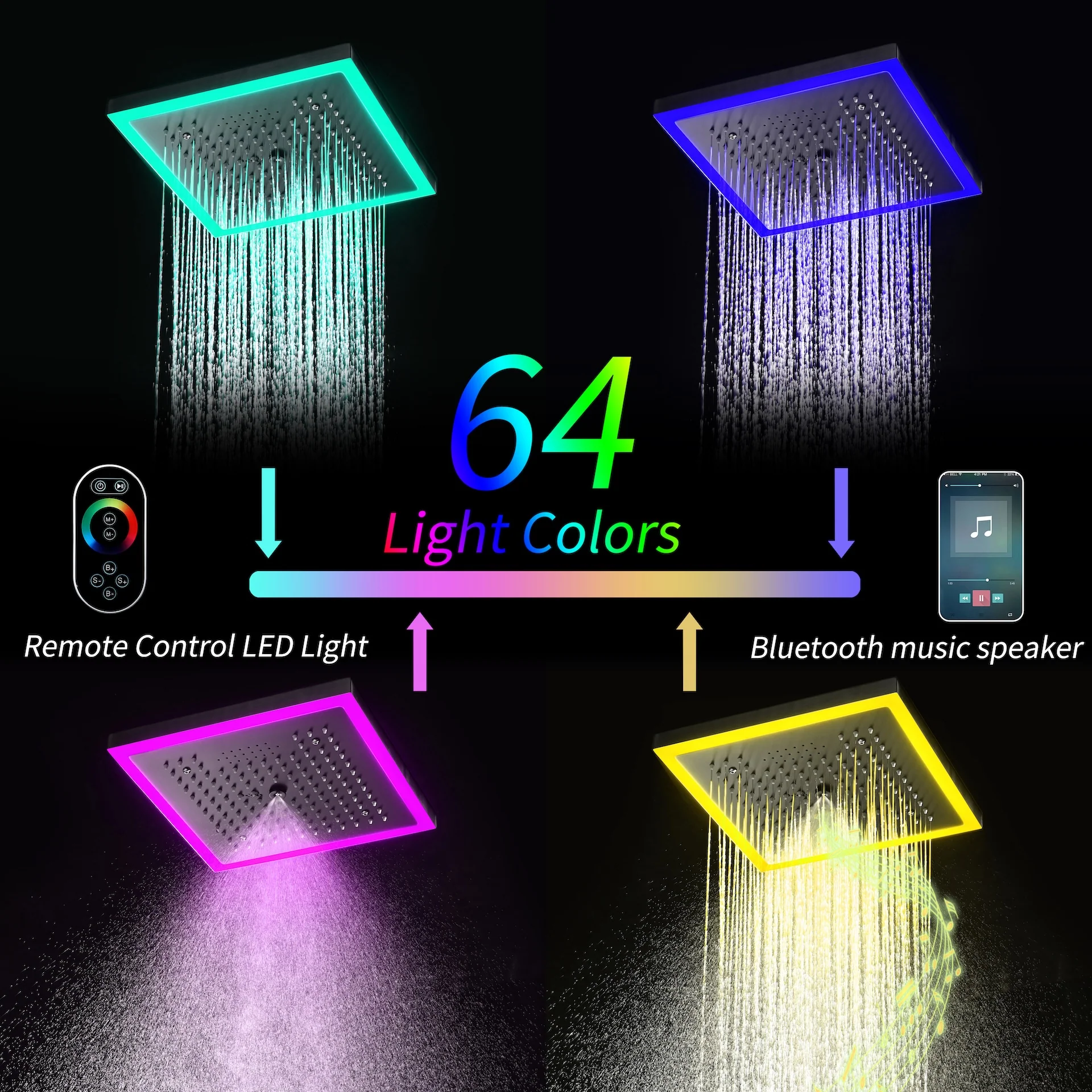 12-Inch Matte Black Flush Mount Shower Faucet Set with Digital Display: 4-Way Thermostatic Control, 64-Color LED Lights, Bluetooth Music, Body Sprayers and Regular Head - Image 9