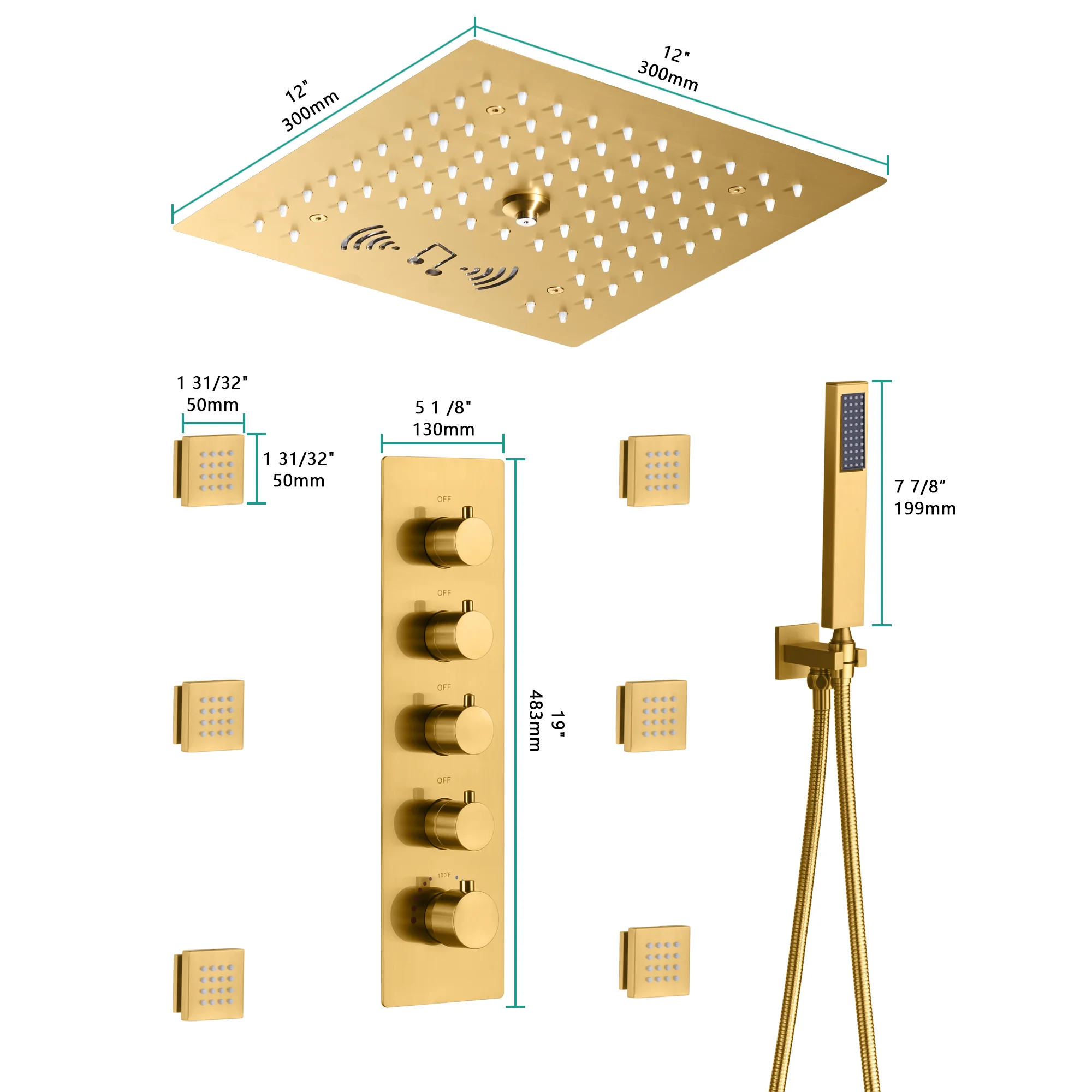 Flushed mount 12 inch 64 LED colors light Brushed gold Bluetooth Music 4 Way Thermostatic Shower Faucet with body sprayers - Image 5