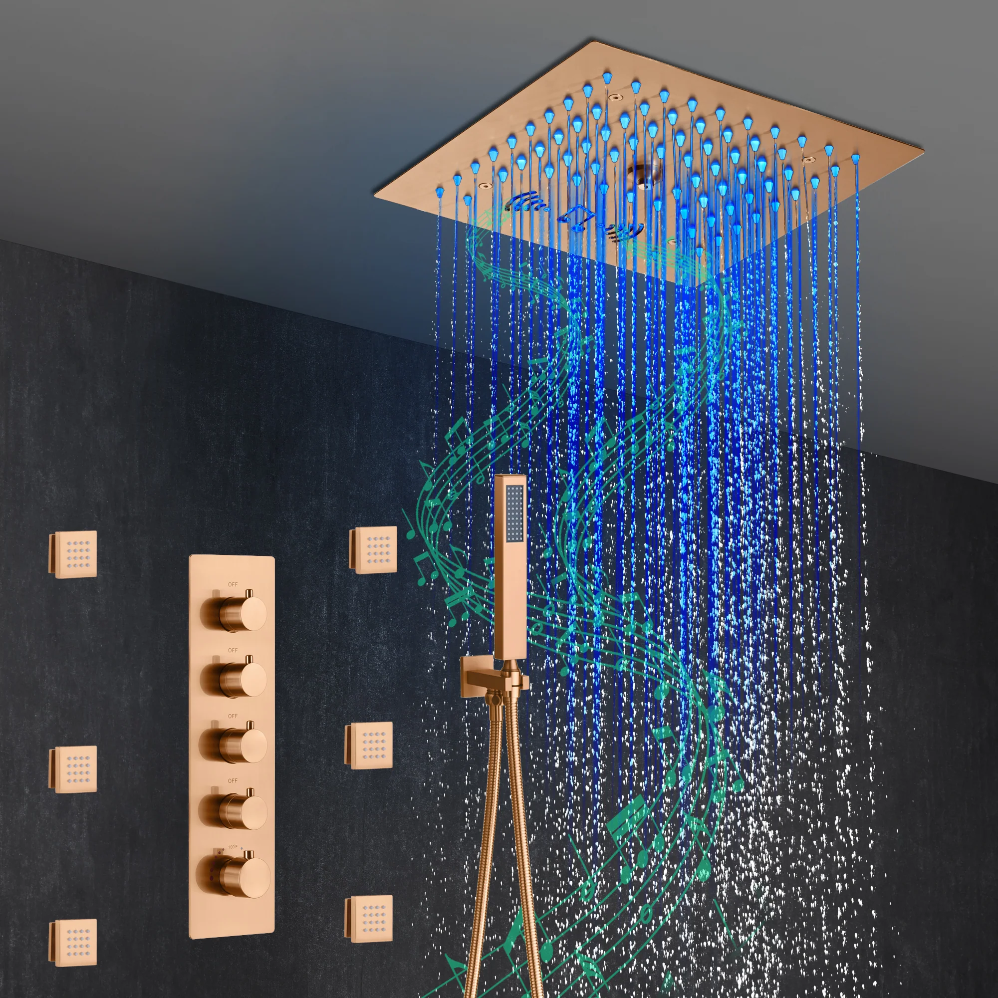 Flushed Mount 12" 64 LED Colors Light Rose Gold Bluetooth Music 4-Way Thermostatic Shower Faucet with Individual Control for Each Function - Image 4