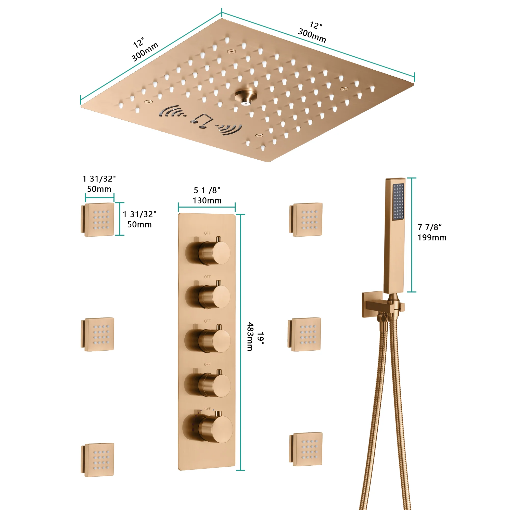 Flushed Mount 12" 64 LED Colors Light Rose Gold Bluetooth Music 4-Way Thermostatic Shower Faucet with Individual Control for Each Function - Image 5