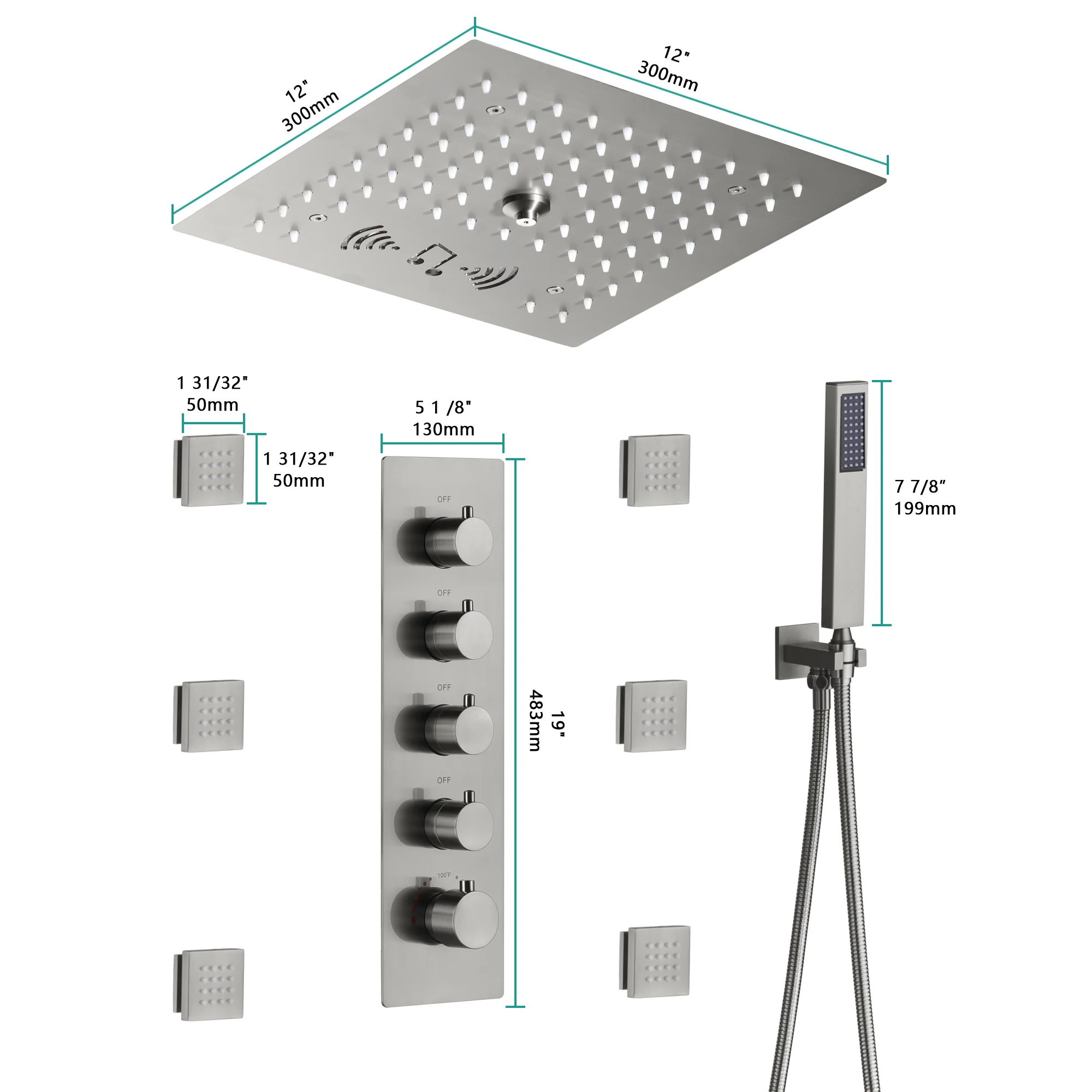 12-Inch Flush-Mount Brushed Nickel Thermostatic Shower Faucet: 4-Way Control, 64-Color LED Lighting, Bluetooth Music, and Body Sprayers - Image 4