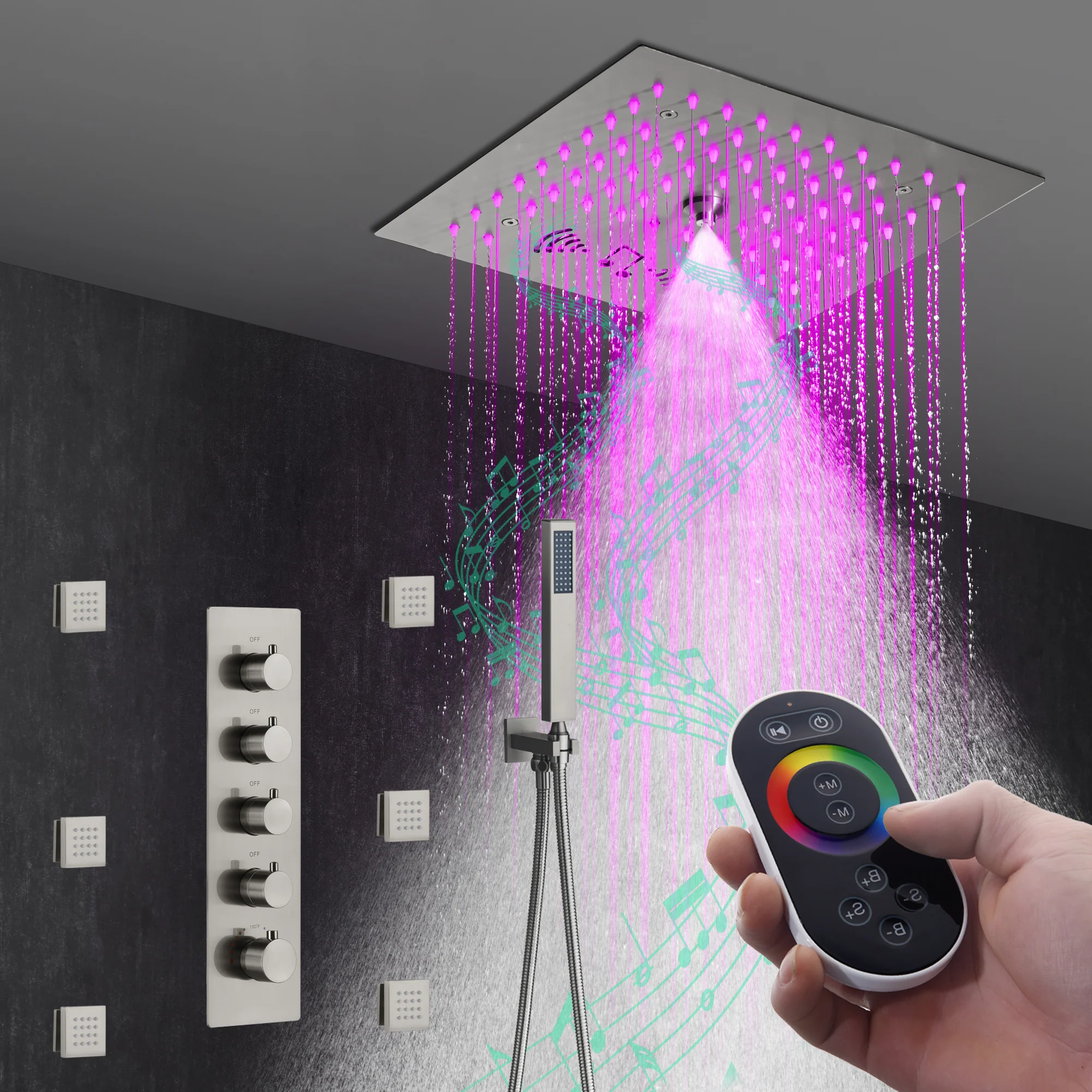 12-Inch Flush-Mount Brushed Nickel Thermostatic Shower Faucet: 4-Way Control, 64-Color LED Lighting, Bluetooth Music, and Body Sprayers - Image 5