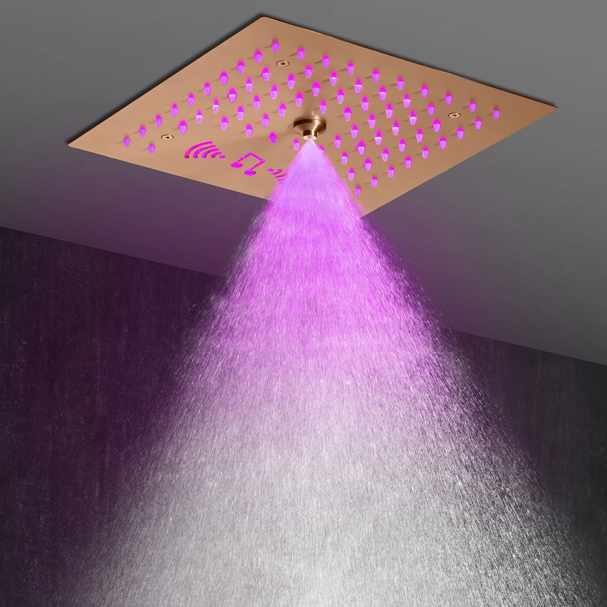 Flushed Mount Rainfall Mist 12-Inch 64 LED Colors Light Rose Gold Bluetooth Music 4 Way Thermostatic Shower Faucet with Regular Head - Image 4