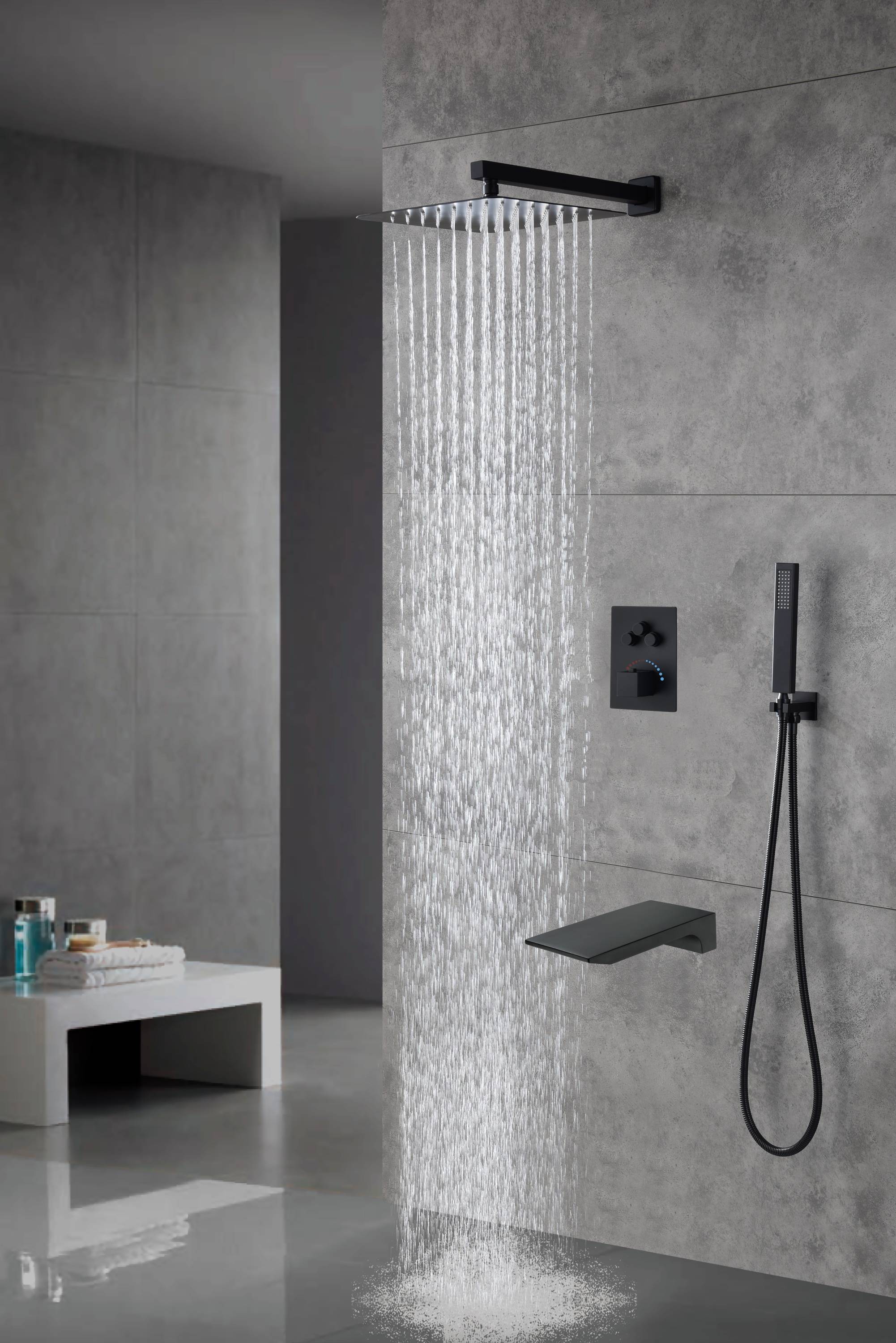 Matte Black Wall-Mounted 12" or 16" Rain Shower Head with 3-Way Thermostatic Faucet - Image 2