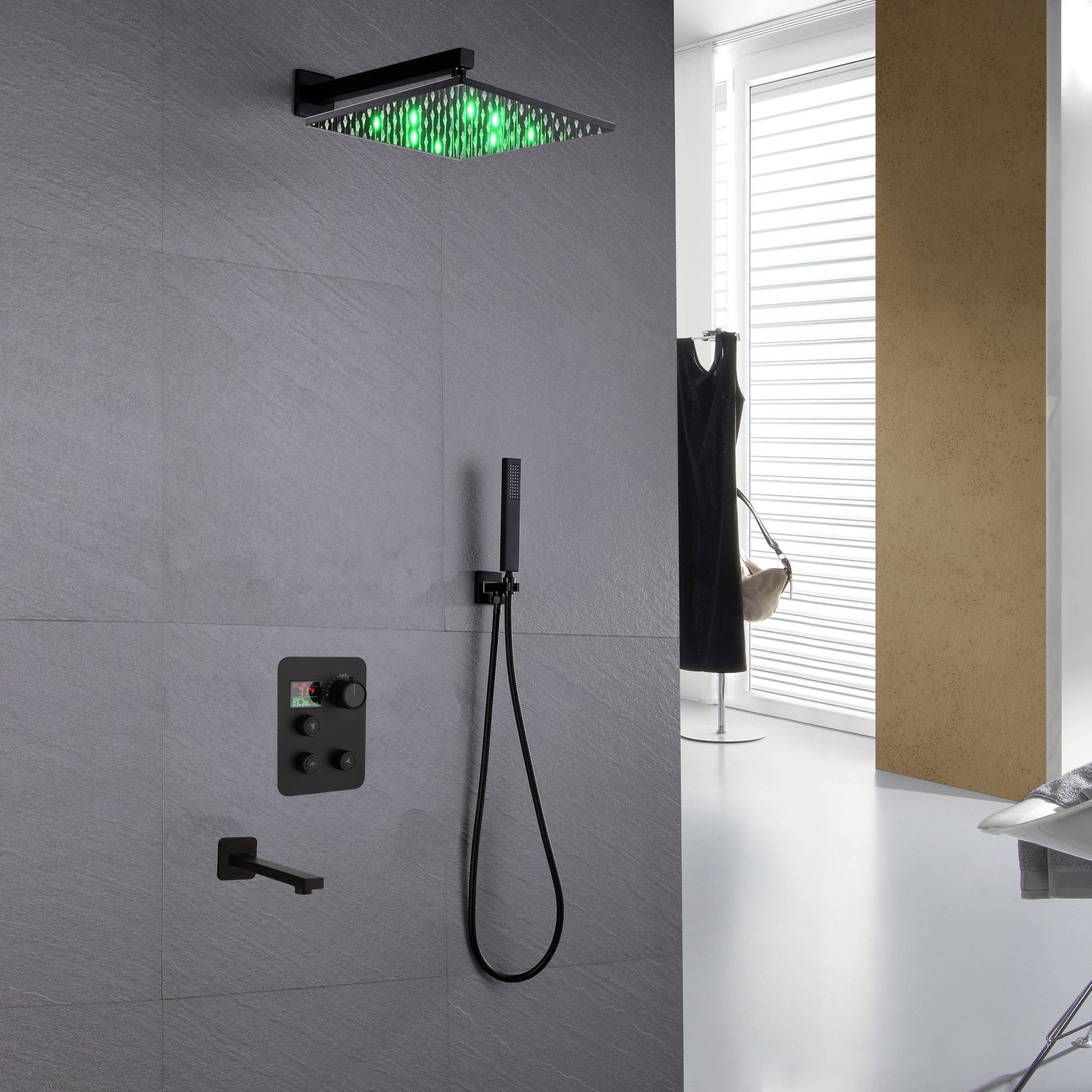 12-inch or 16-inch Wall Mount Matte Black Rain Shower Head with Thermostatic Faucet and Tub Spout - Immerse in a Blissful Shower Experience - Image 25