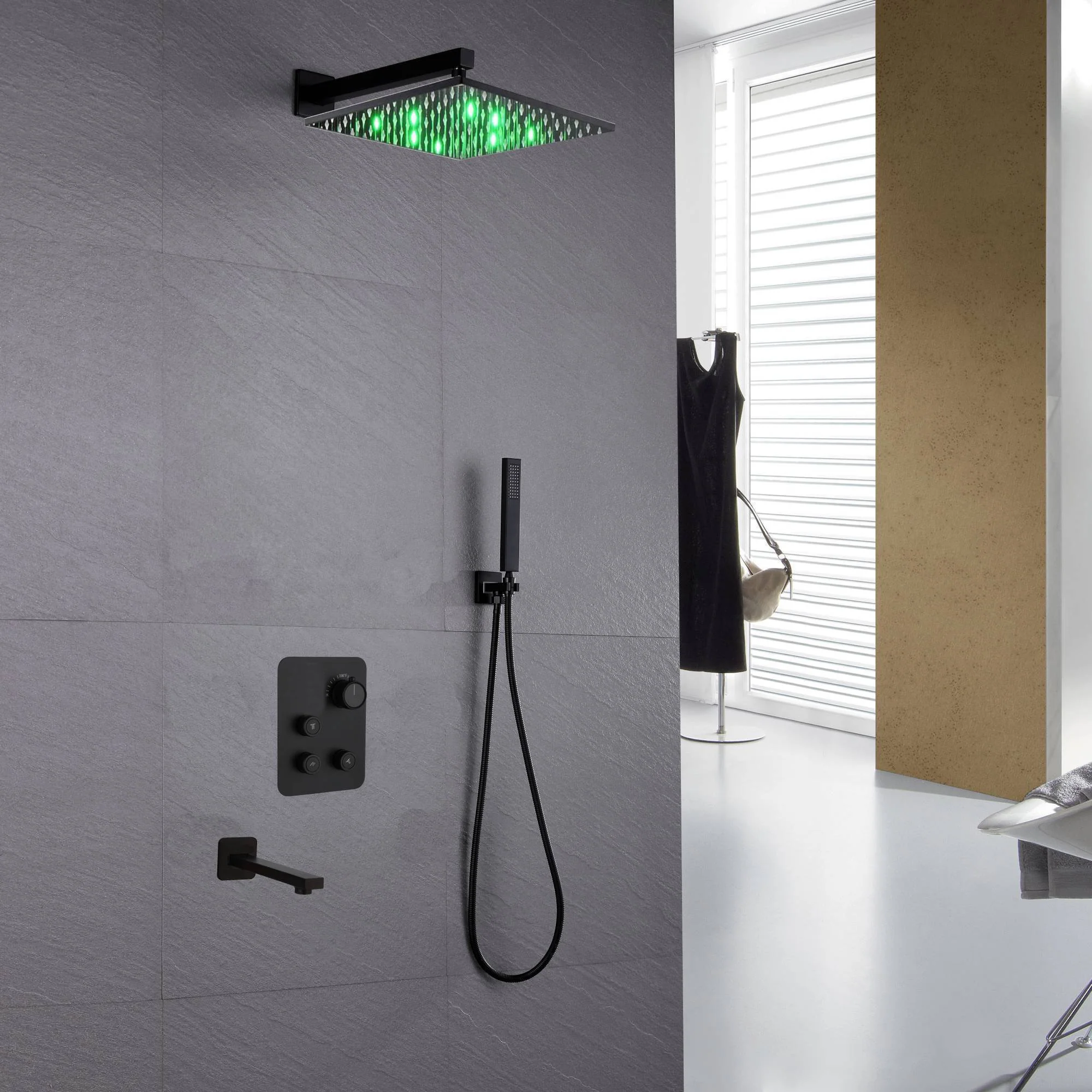 12-inch or 16-inch Wall Mount Matte Black Rain Shower Head with Thermostatic Faucet and Tub Spout - Immerse in a Blissful Shower Experience - Image 5