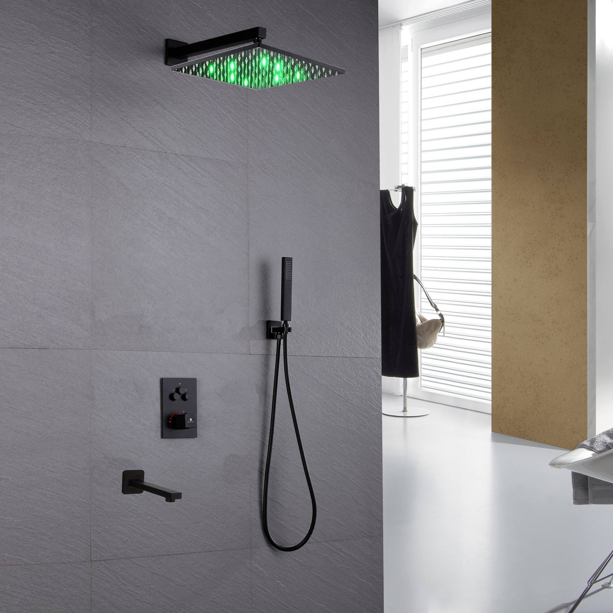 12-inch or 16-inch Wall Mount Matte Black Rain Shower Head with Thermostatic Faucet and Tub Spout - Immerse in a Blissful Shower Experience - Image 7