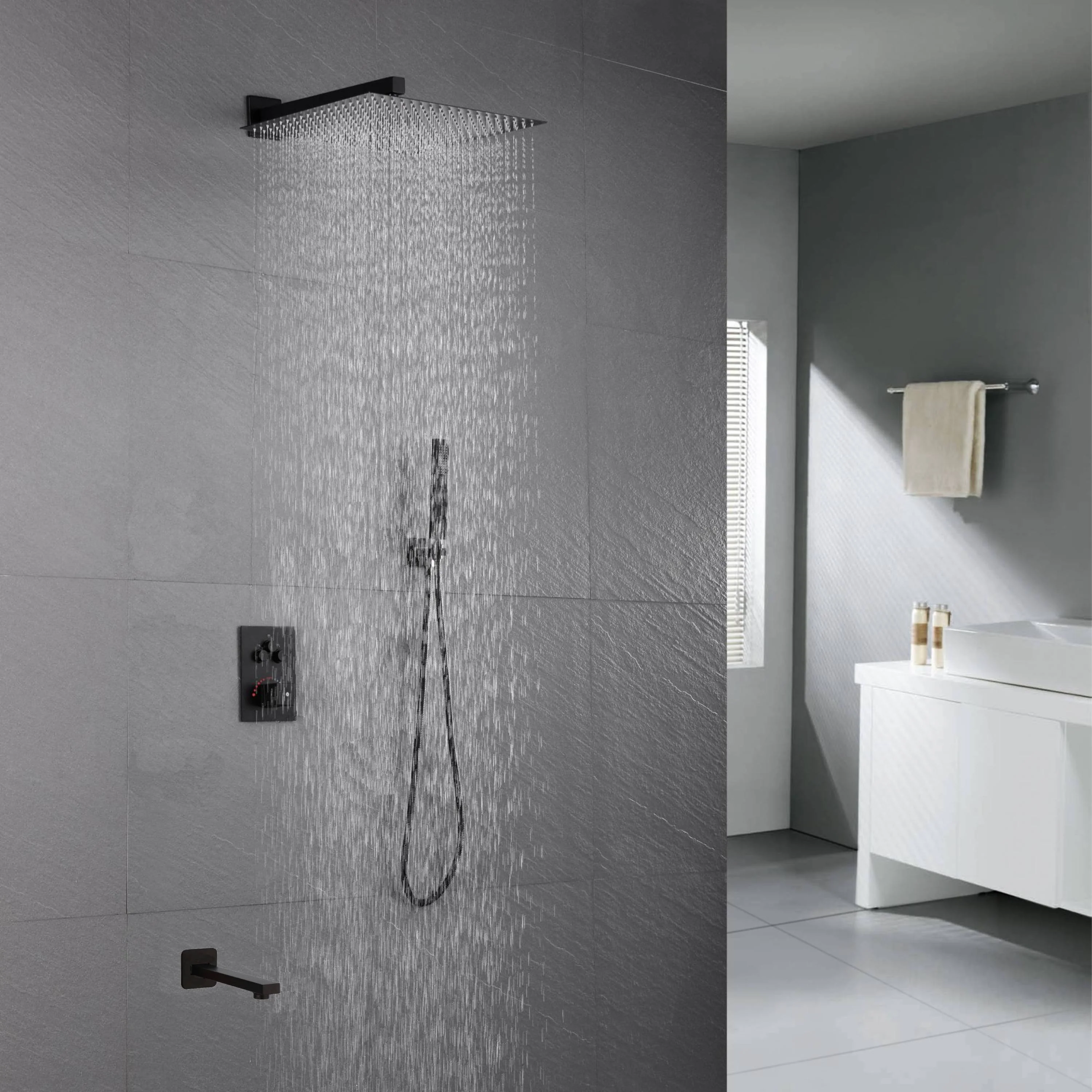 12-inch or 16-inch Wall Mount Matte Black Rain Shower Head with Thermostatic Faucet and Tub Spout - Immerse in a Blissful Shower Experience - Image 8