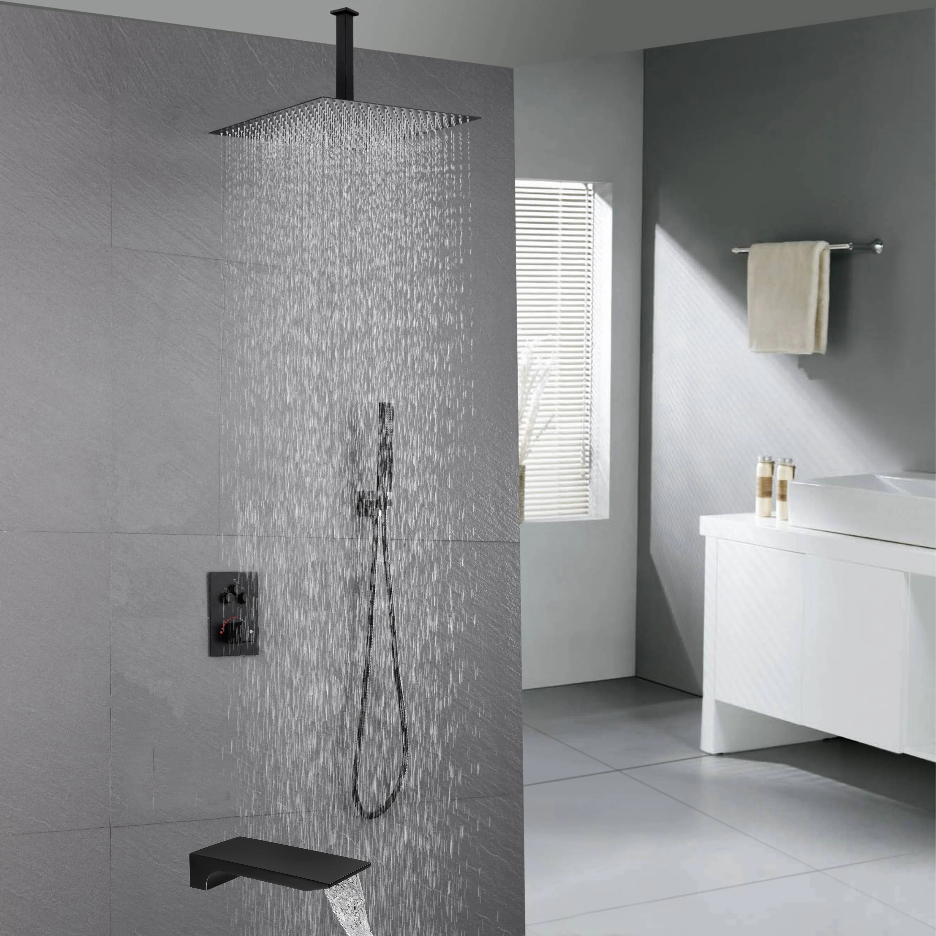 Ceiling Mount Matte Black 3-Way Thermostatic Shower Faucet Set - Choose from 12 inch or 16 inch Rain Shower Head with Tub Spout - Image 10