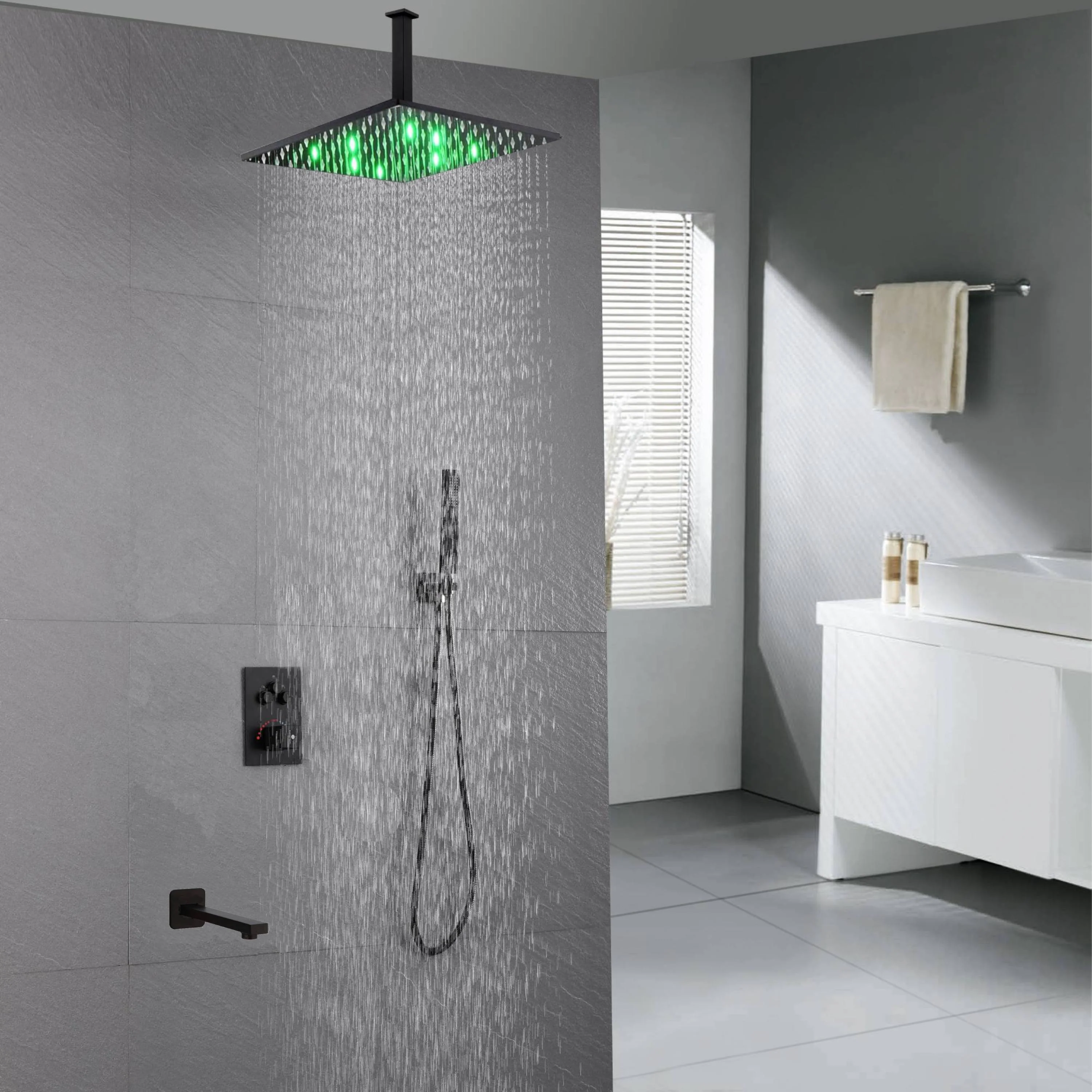 Ceiling Mount Matte Black 3-Way Thermostatic Shower Faucet Set - Choose from 12 inch or 16 inch Rain Shower Head with Tub Spout - Image 11