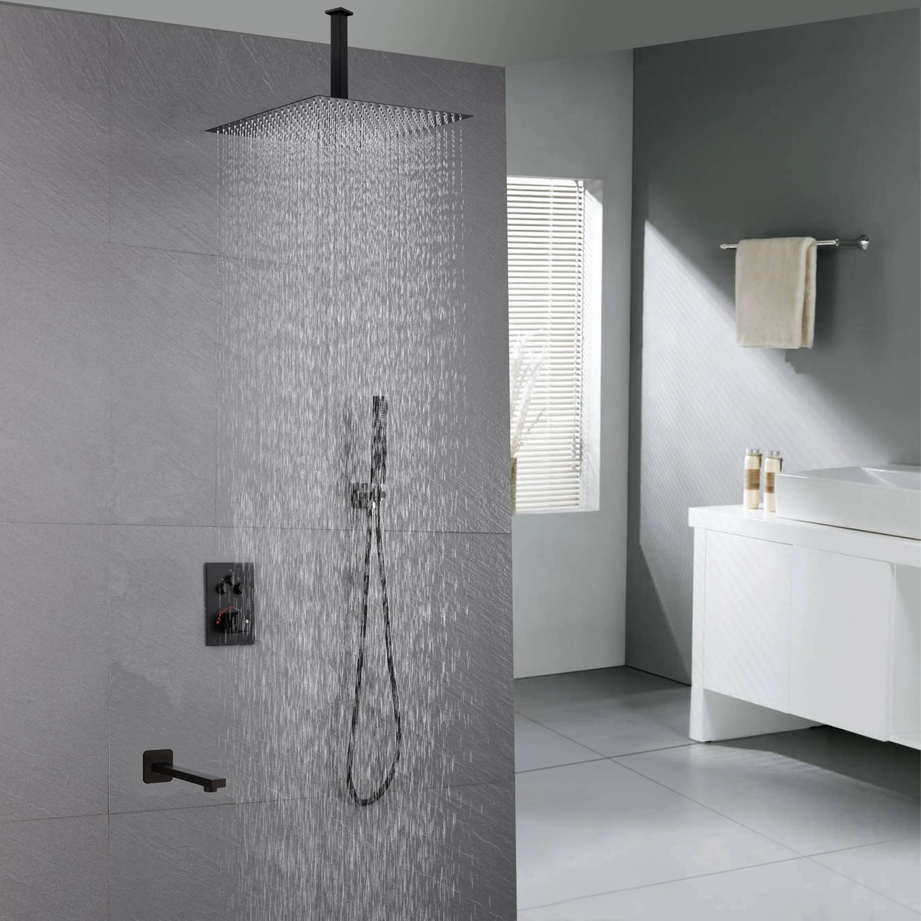 Ceiling Mount Matte Black 3-Way Thermostatic Shower Faucet Set - Choose from 12 inch or 16 inch Rain Shower Head with Tub Spout - Image 12