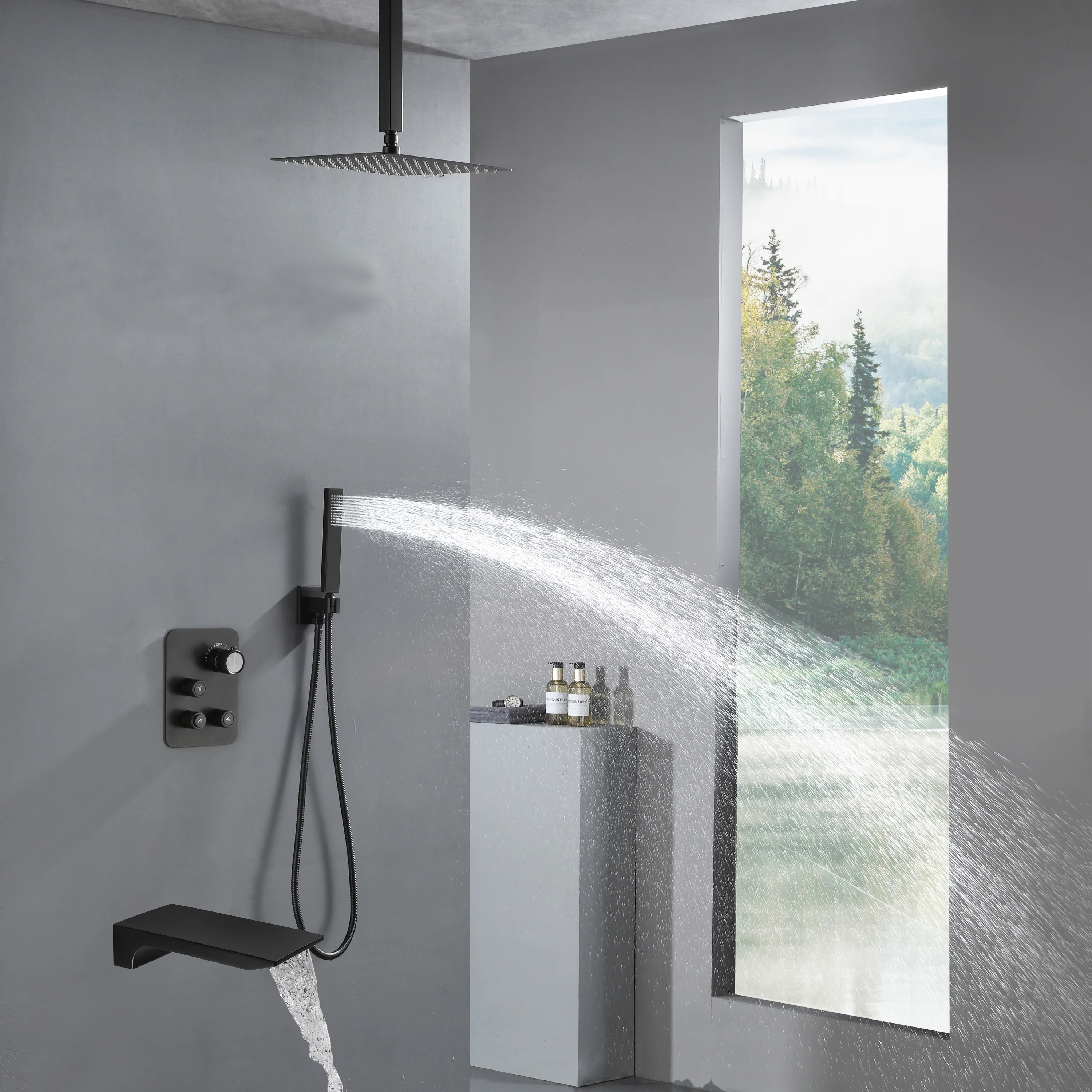 Ceiling Mount Matte Black 3-Way Thermostatic Shower Faucet Set - Choose from 12 inch or 16 inch Rain Shower Head with Tub Spout - Image 3