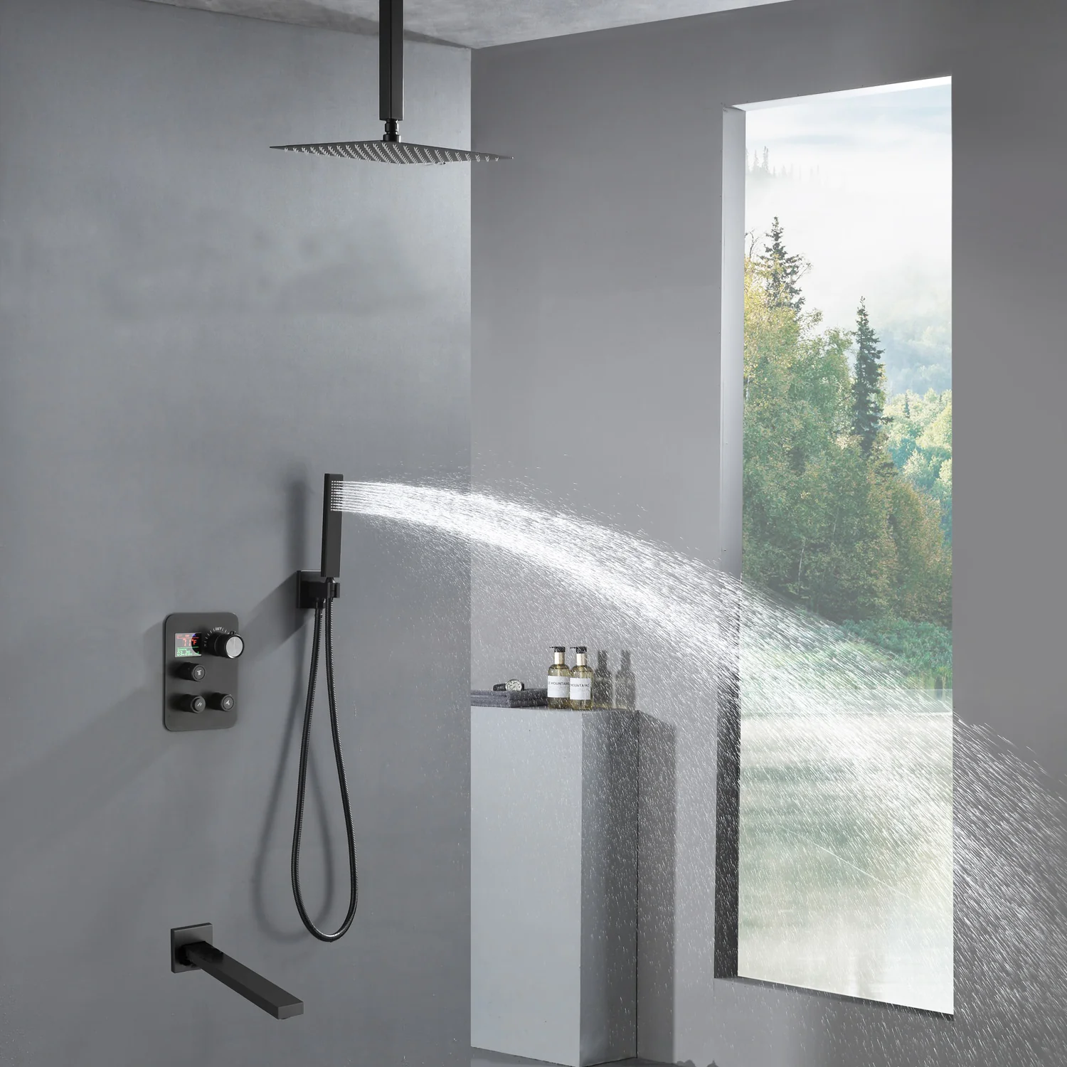 Ceiling Mount Matte Black 3-Way Thermostatic Shower Faucet Set - Choose from 12 inch or 16 inch Rain Shower Head with Tub Spout - Image 4