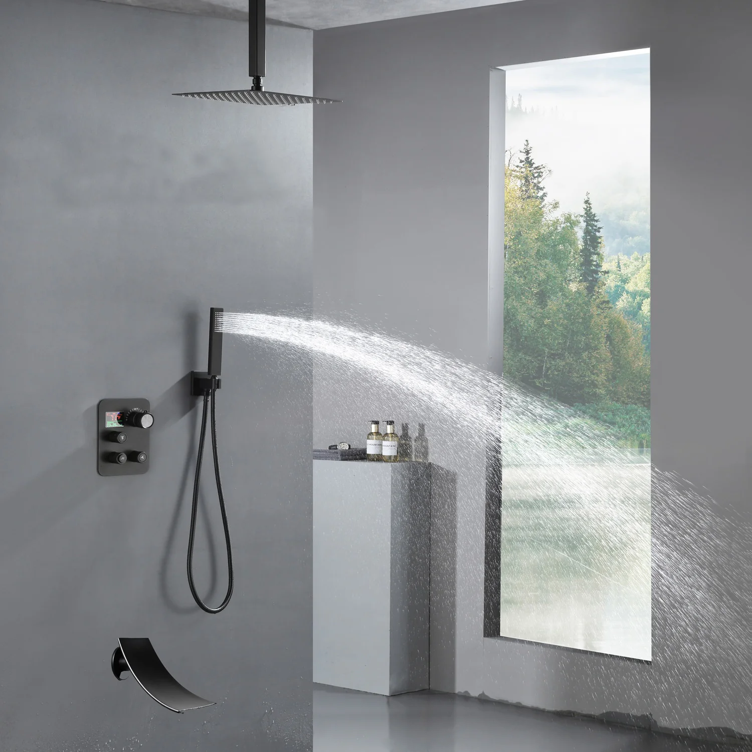 Ceiling Mount Matte Black 3-Way Thermostatic Shower Faucet Set - Choose from 12 inch or 16 inch Rain Shower Head with Tub Spout - Image 5