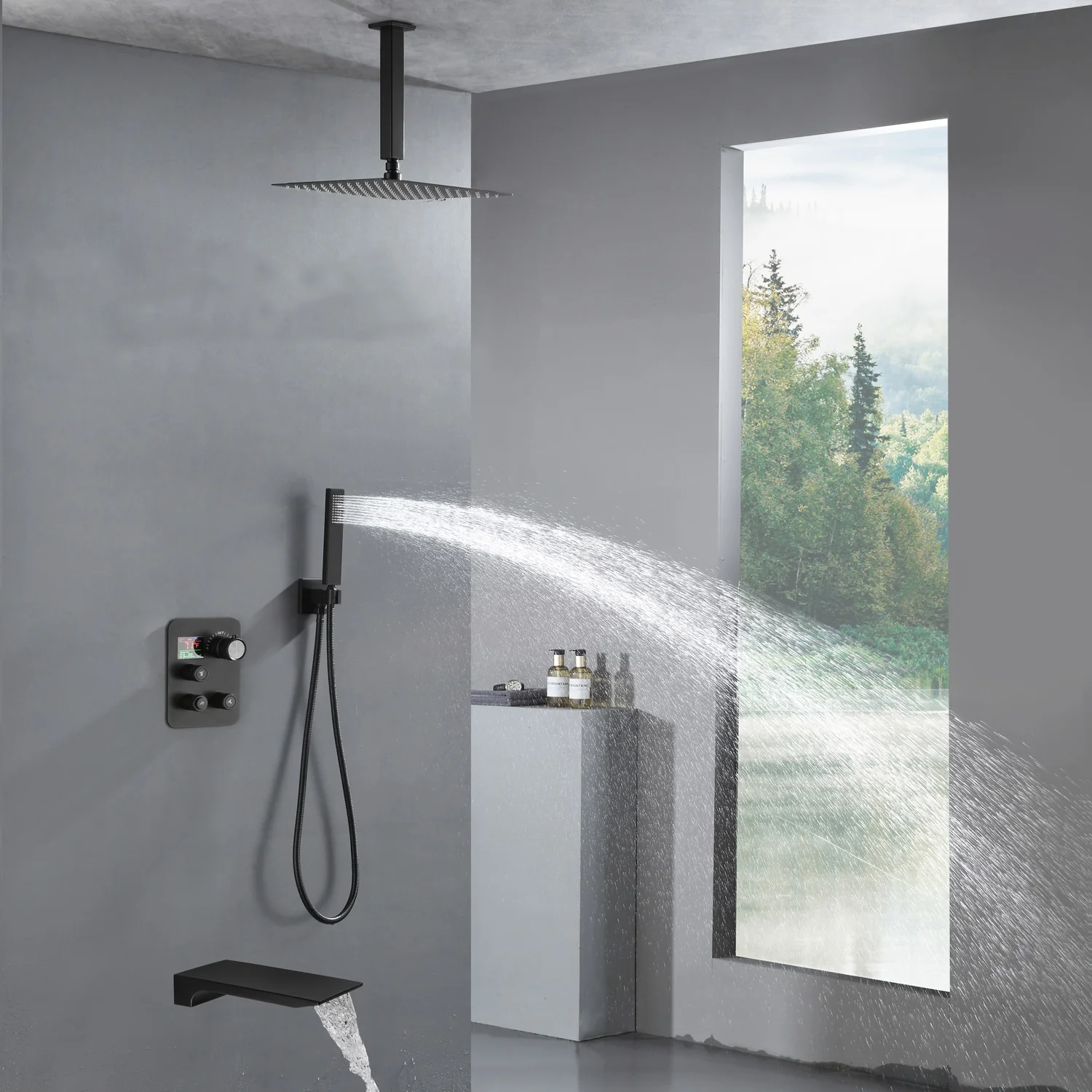 Ceiling Mount Matte Black 3-Way Thermostatic Shower Faucet Set - Choose from 12 inch or 16 inch Rain Shower Head with Tub Spout - Image 6