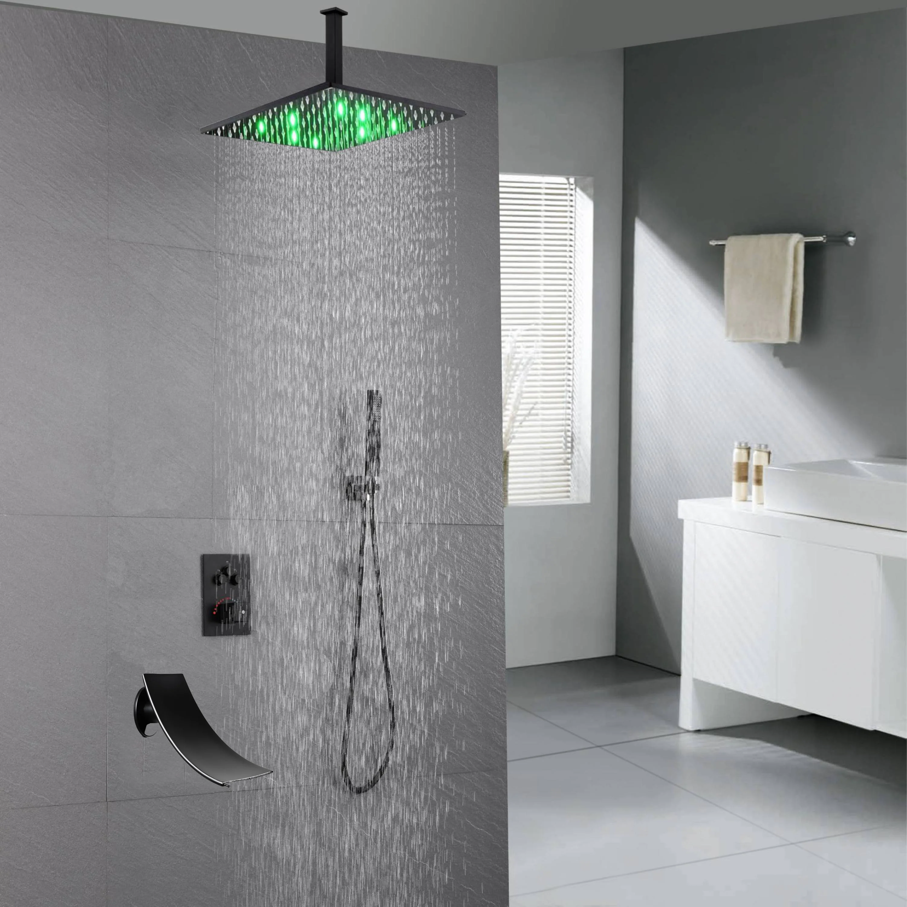 Ceiling Mount Matte Black 3-Way Thermostatic Shower Faucet Set - Choose from 12 inch or 16 inch Rain Shower Head with Tub Spout - Image 7