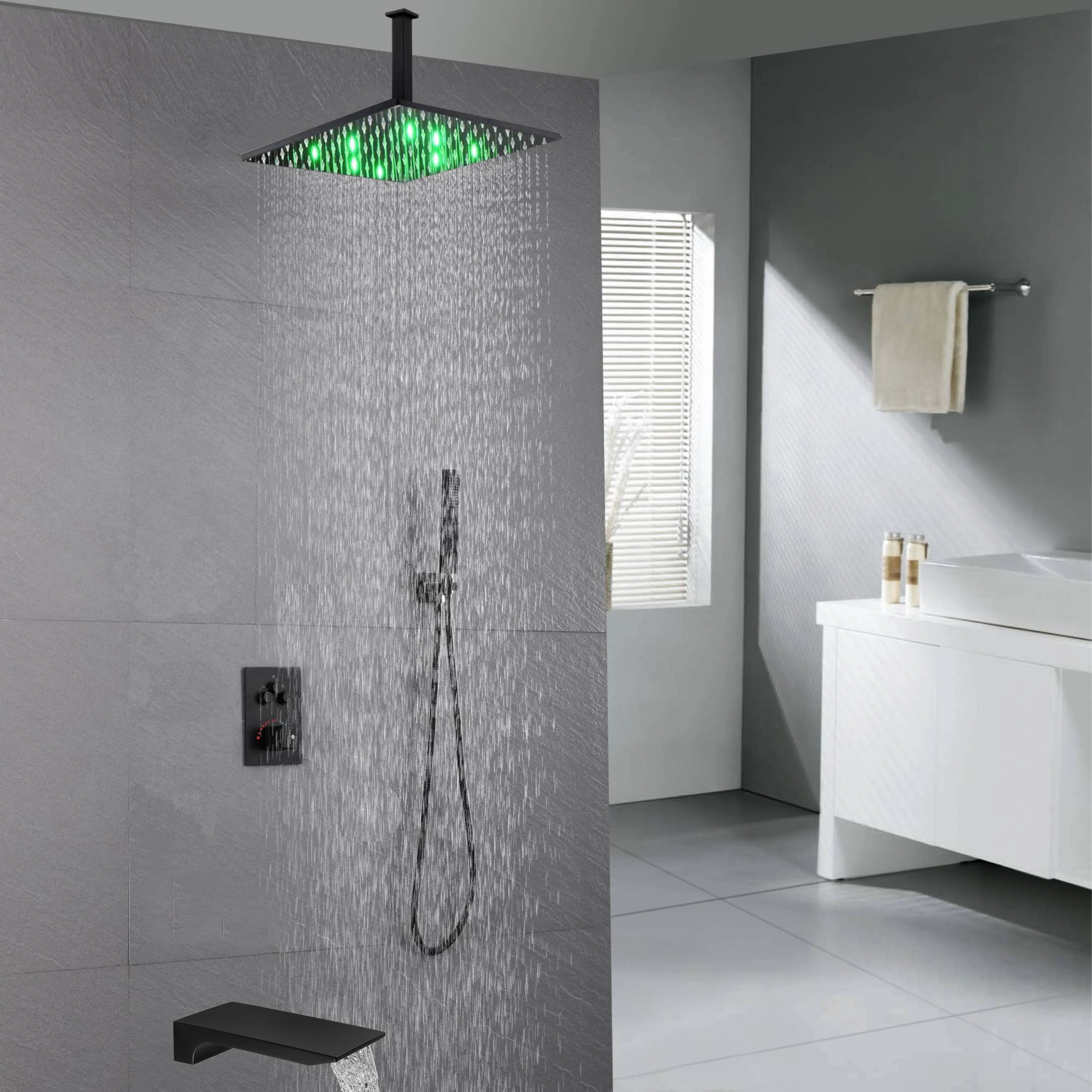 Ceiling Mount Matte Black 3-Way Thermostatic Shower Faucet Set - Choose from 12 inch or 16 inch Rain Shower Head with Tub Spout - Image 8