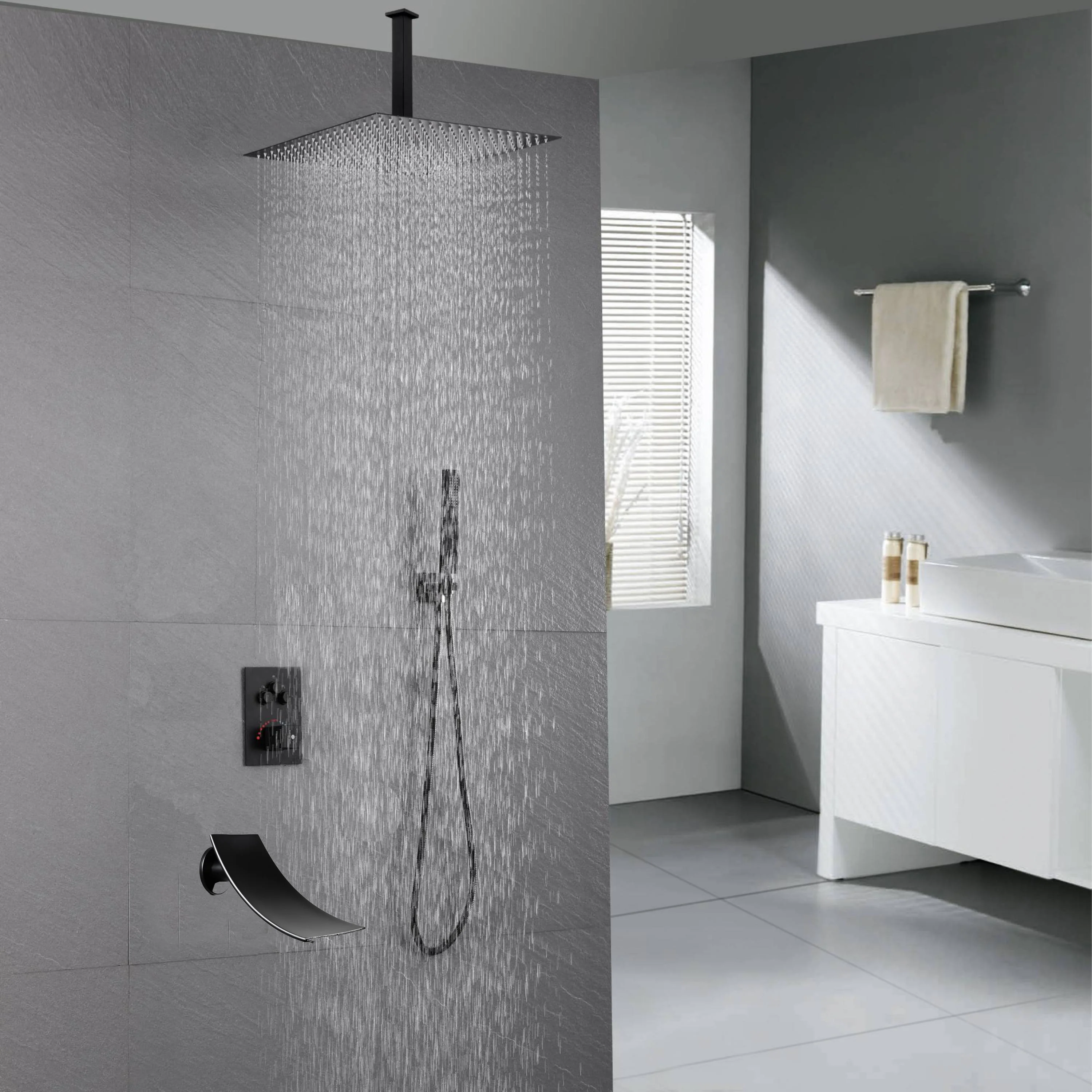 Ceiling Mount Matte Black 3-Way Thermostatic Shower Faucet Set - Choose from 12 inch or 16 inch Rain Shower Head with Tub Spout - Image 9