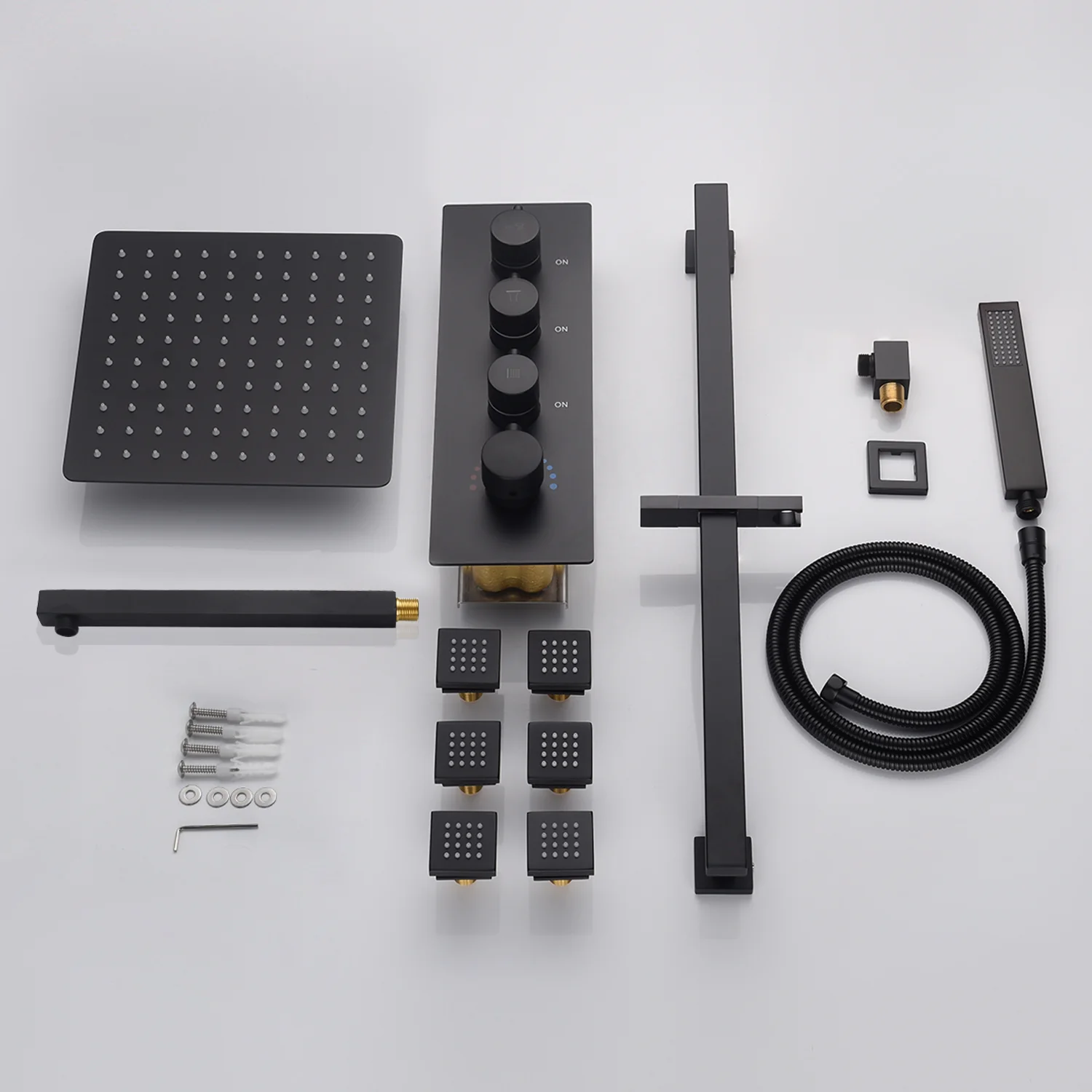 matte black ceiling mount rain shower head 3 way thermostatic shower faucet with body jets and sliding bar - Image 8