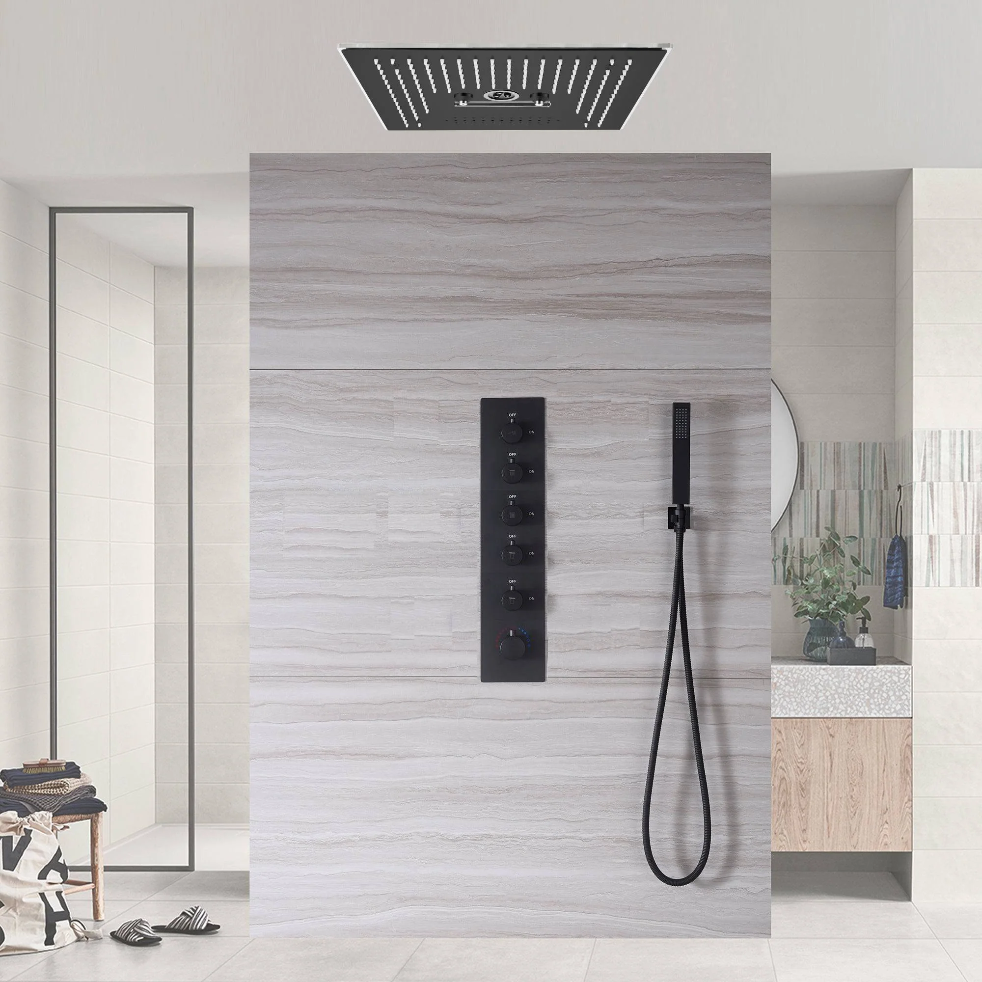 Matte Black 5-Way Thermostatic Shower Faucet: Available with or without Digital Display, Flush-Mounted 16-Inch Head, Rainfall, Waterfall, Mist, Hydro-Water Massage, 64-Color LED Lighting, and Bluetooth Music - Image 2