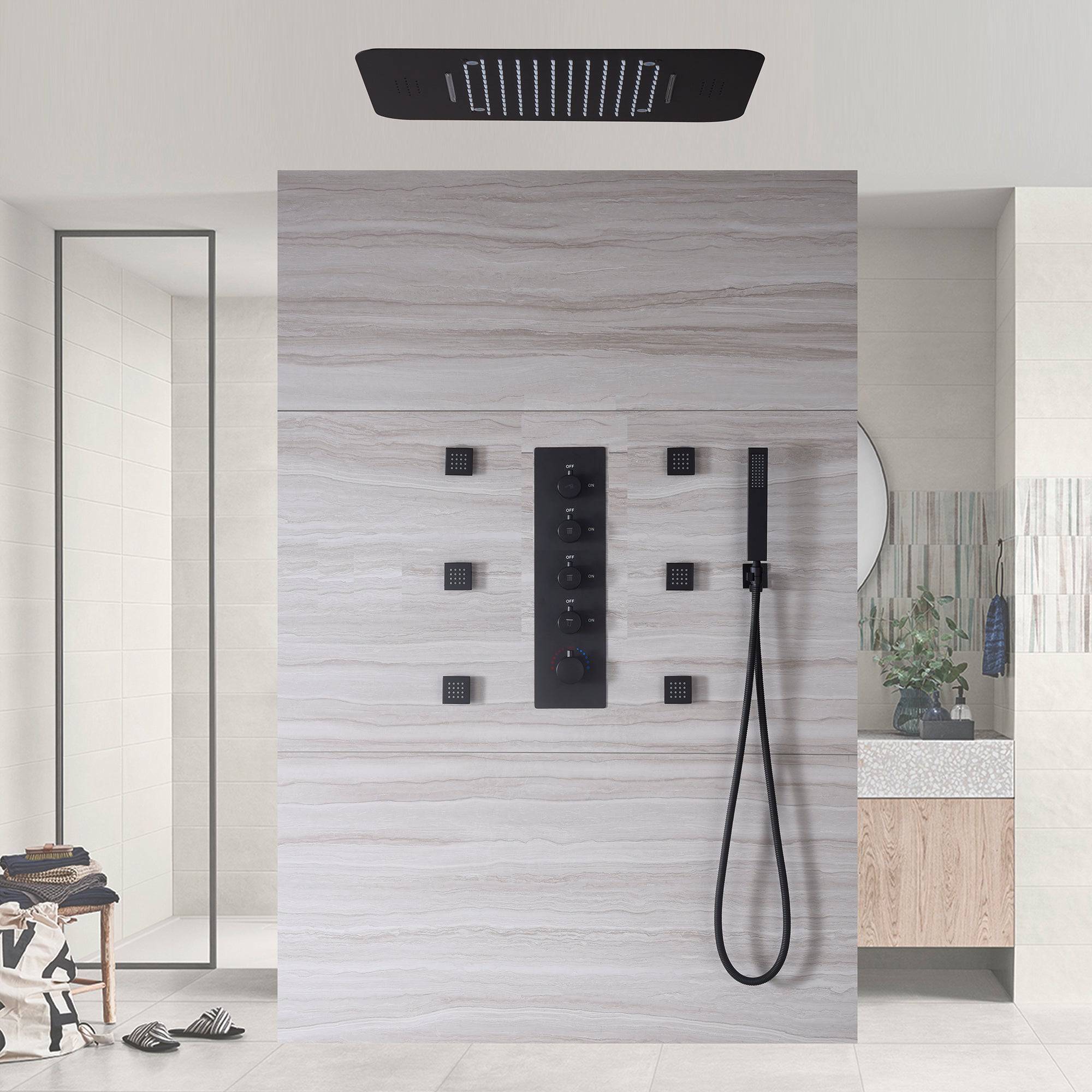 matte black 23 inch rainfall waterfall 64 LED lights Bluetooth Music shower 4 way digital display thermostatic shower system with to touch panel and 6 body jets - Image 2