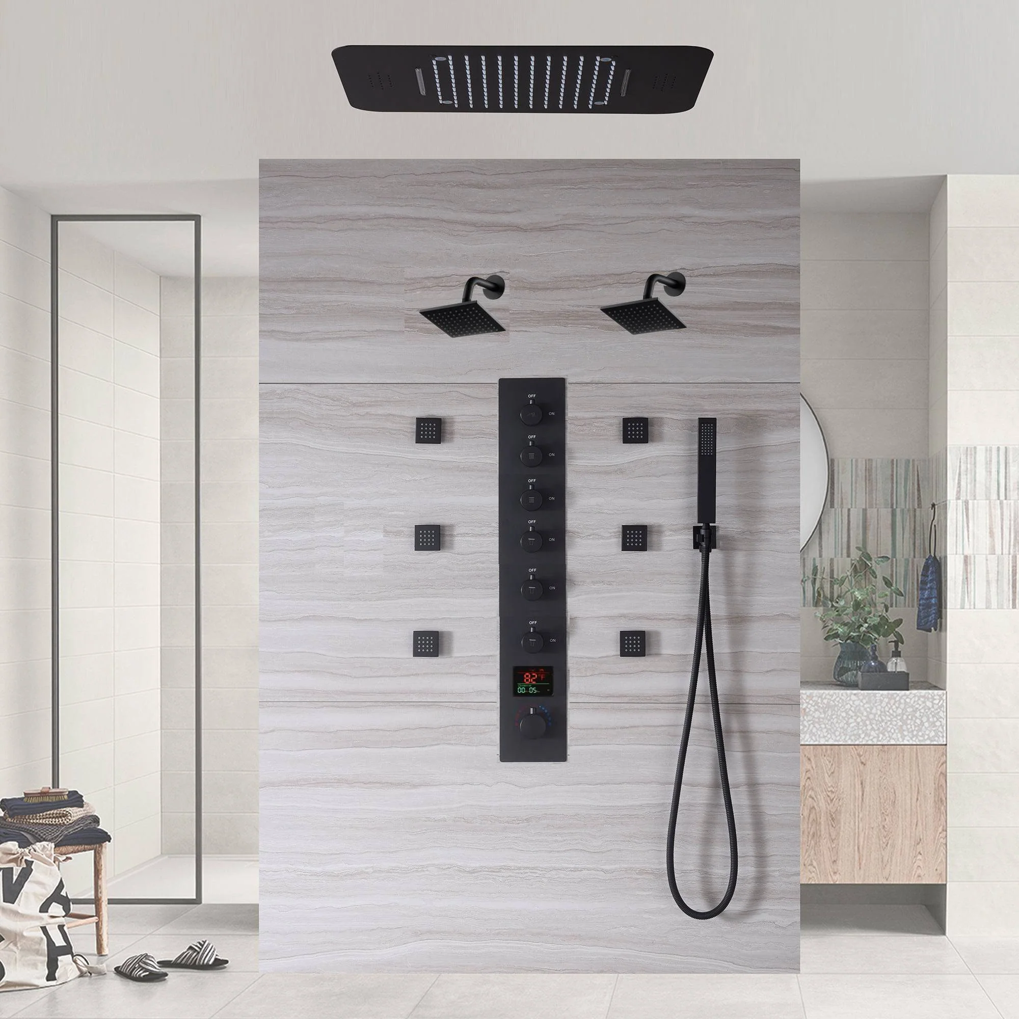 Matte Black LED Music Shower System:  20", or 23" with 6-Way Digital Thermostatic Control, Body Jets, - Image 2