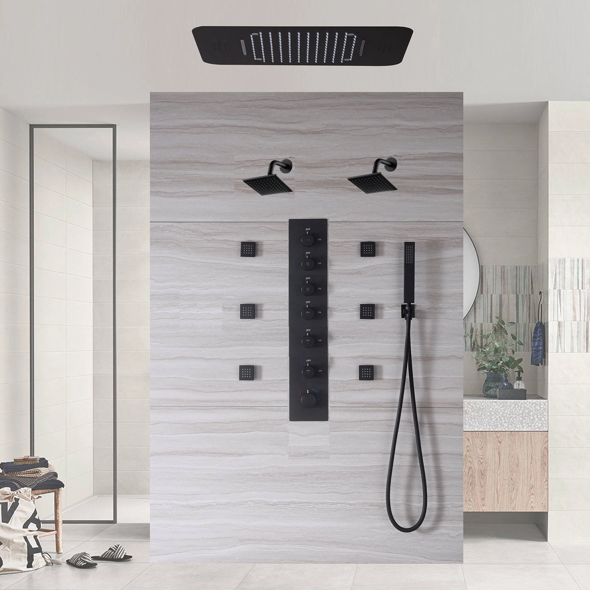 Matte Black LED Music Shower System:  20", or 23" with 6-Way Digital Thermostatic Control, Body Jets, - Image 3