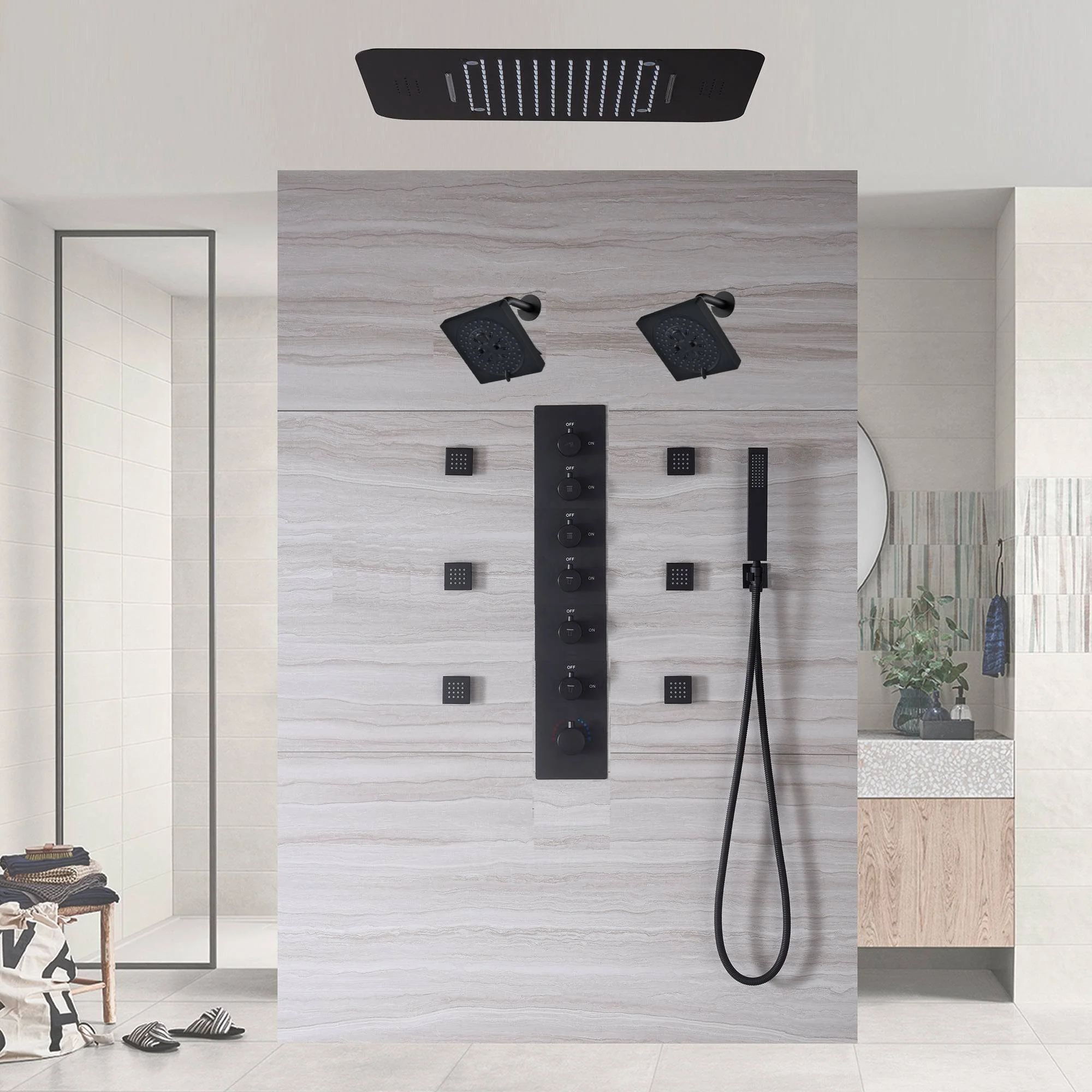 Matte Black LED Music Shower System:  20", or 23" with 6-Way Digital Thermostatic Control, Body Jets, - Image 4