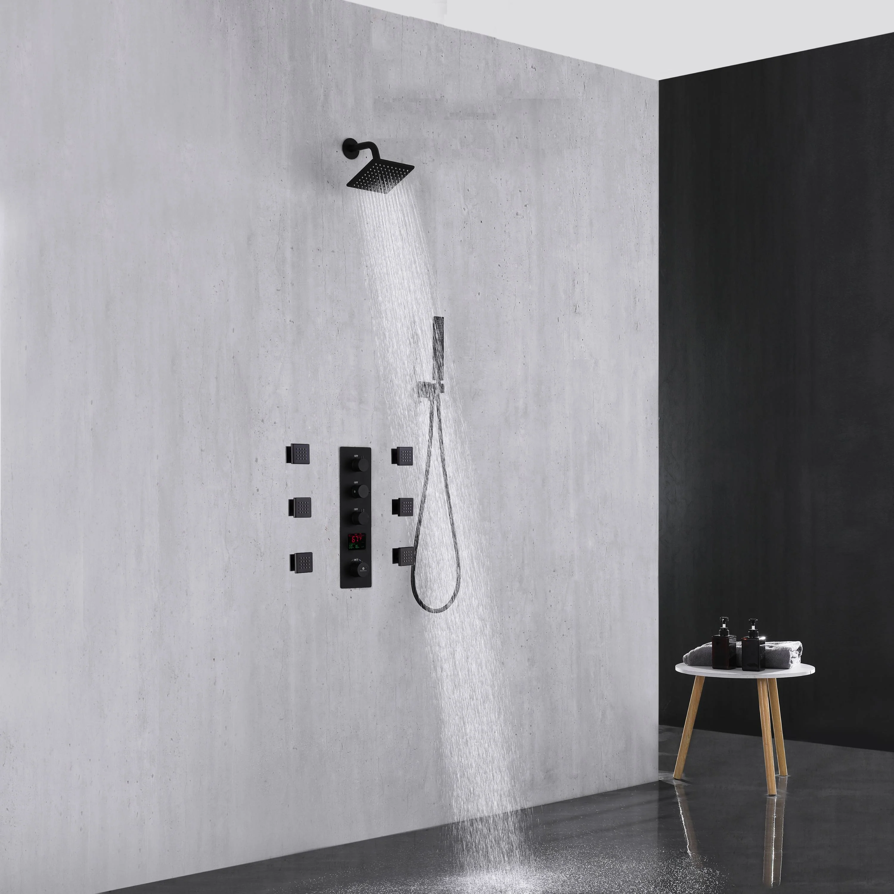 Matte Black wall mount 6'' regular head 3-Way Thermostatic Shower System - With High Pressure body jets - Image 2