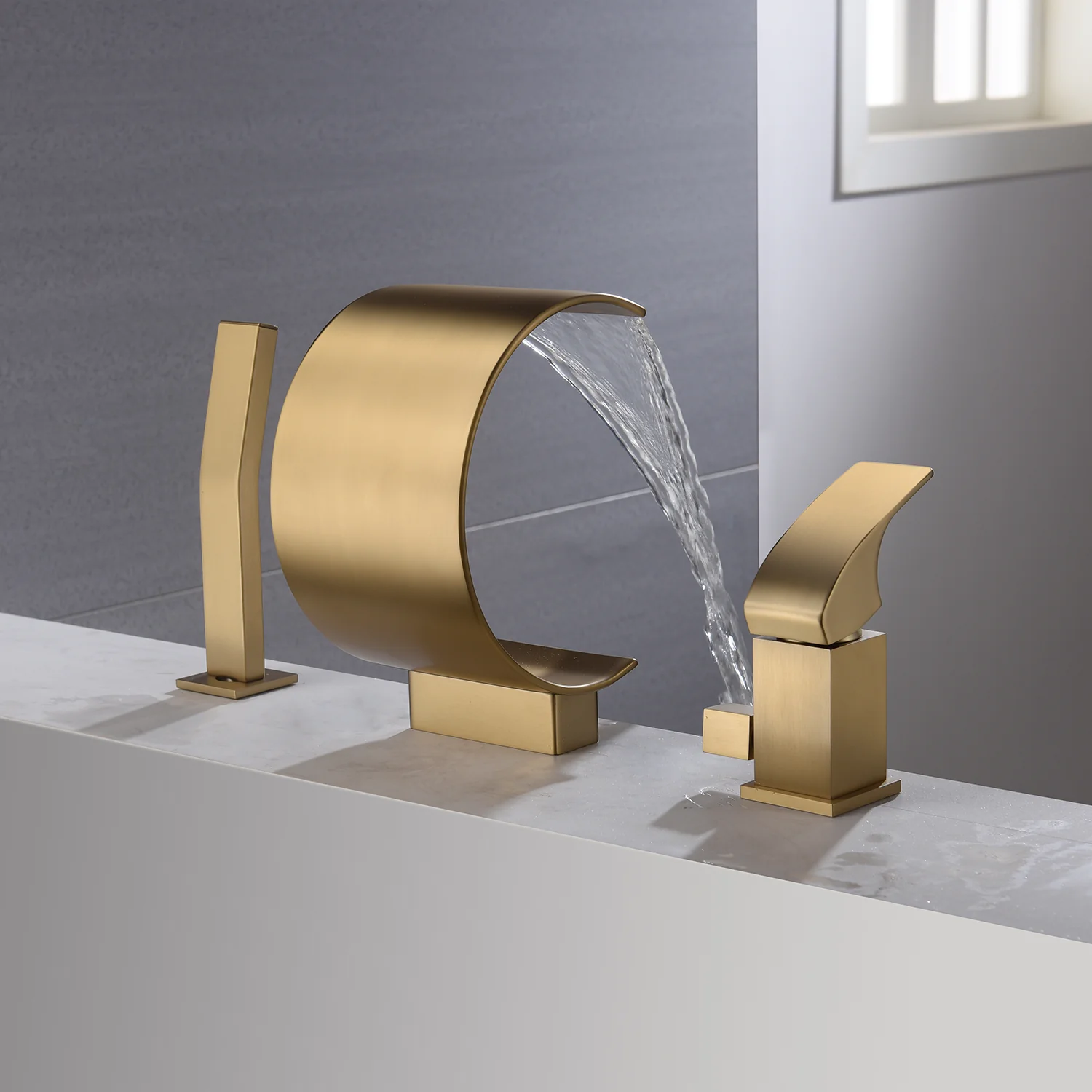 Brushed gold Bathtub Faucet Waterfall Mixer Faucet with Hand Shower Deck Mount - Image 2