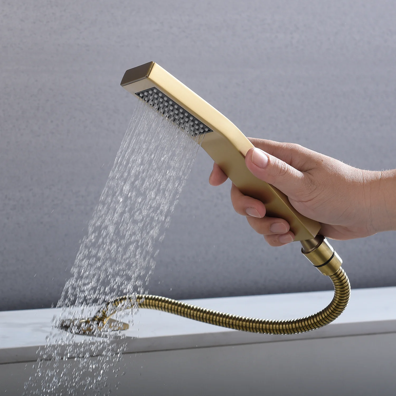 Brushed gold Bathtub Faucet Waterfall Mixer Faucet with Hand Shower Deck Mount - Image 3