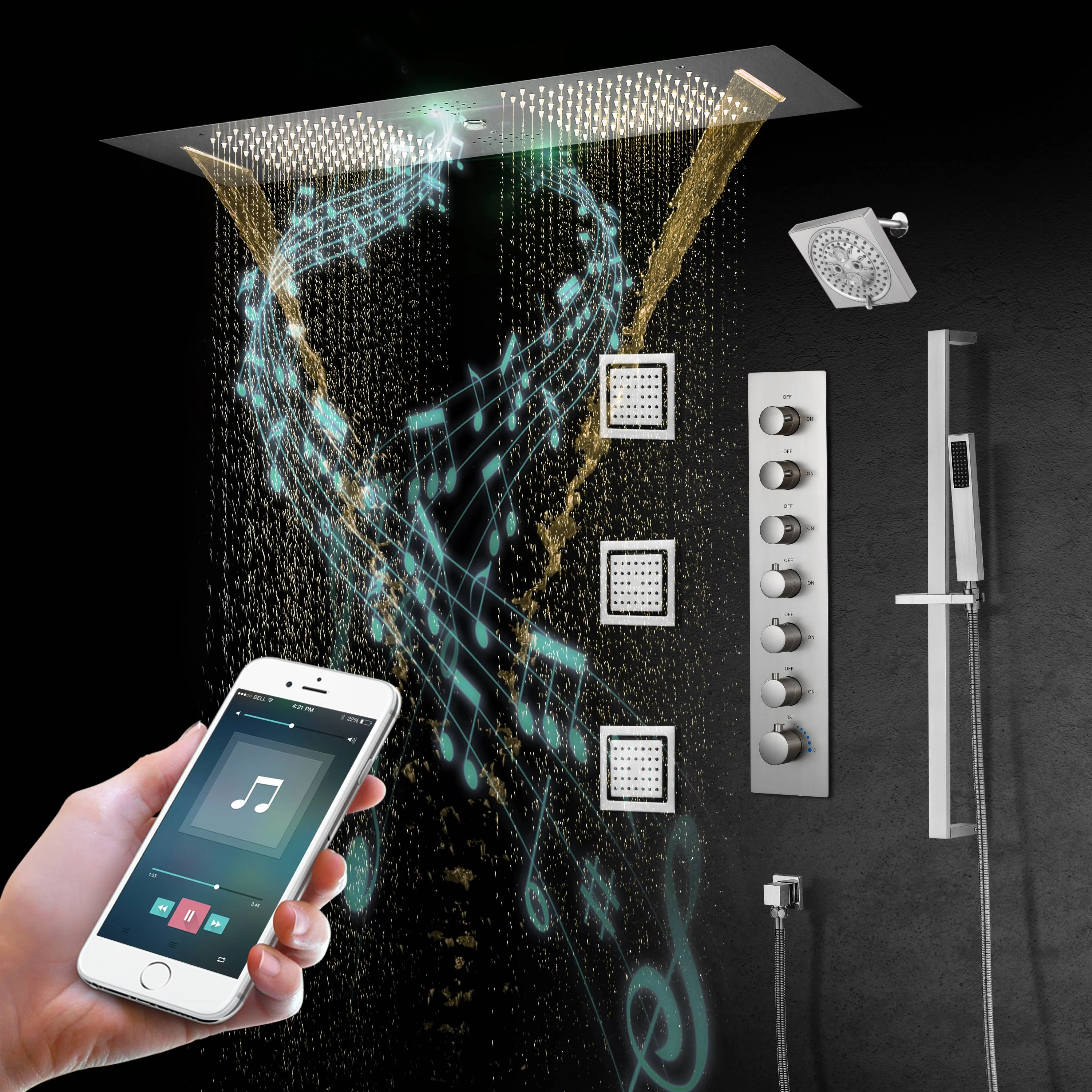Matte Black Or Brushed nickel 35" Bluetooth Music LED Shower System with Waterfall, 6-Way Digital Thermostatic Valve, 3 Body Jets - Image 22