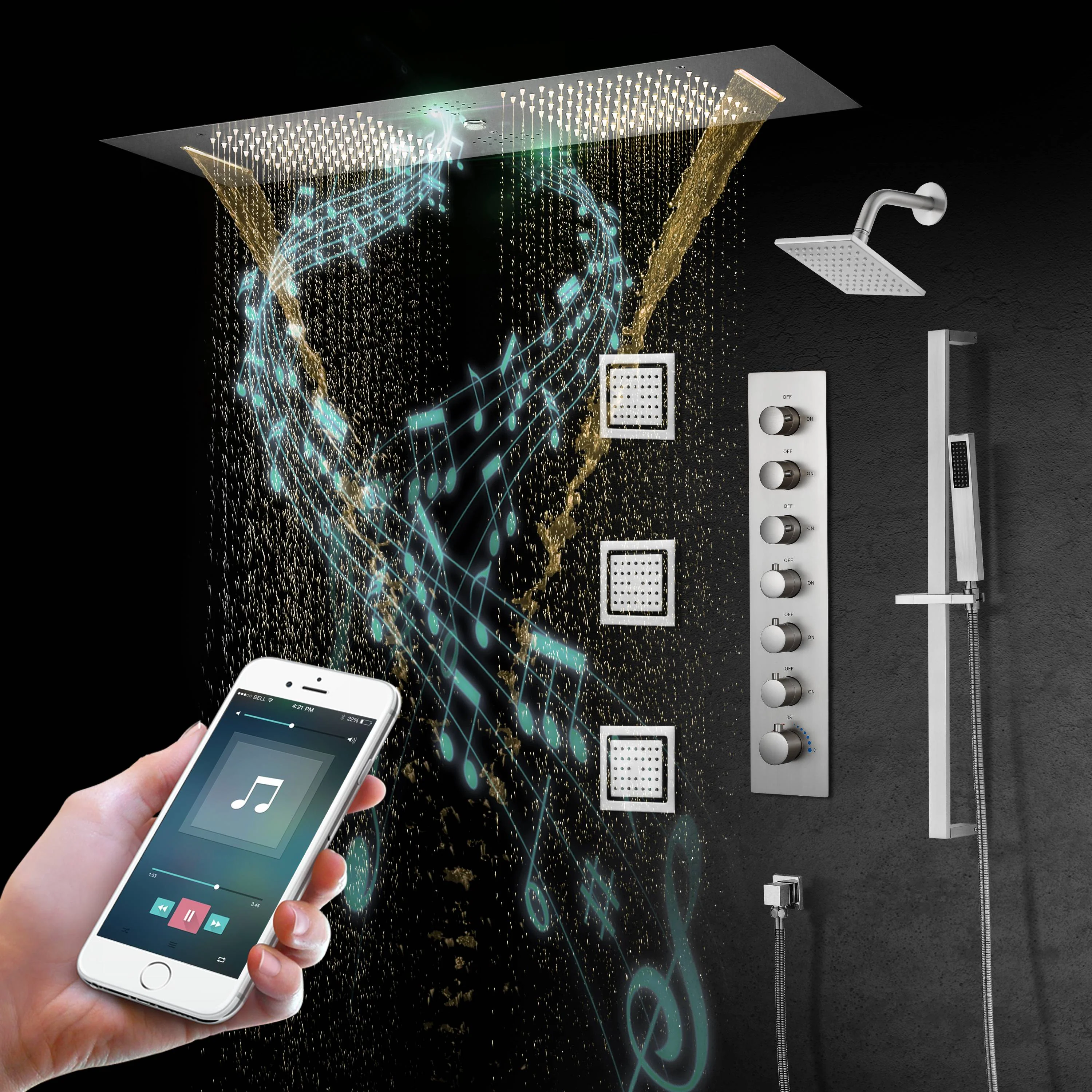 Matte Black Or Brushed nickel 35" Bluetooth Music LED Shower System with Waterfall, 6-Way Digital Thermostatic Valve, 3 Body Jets - Image 23
