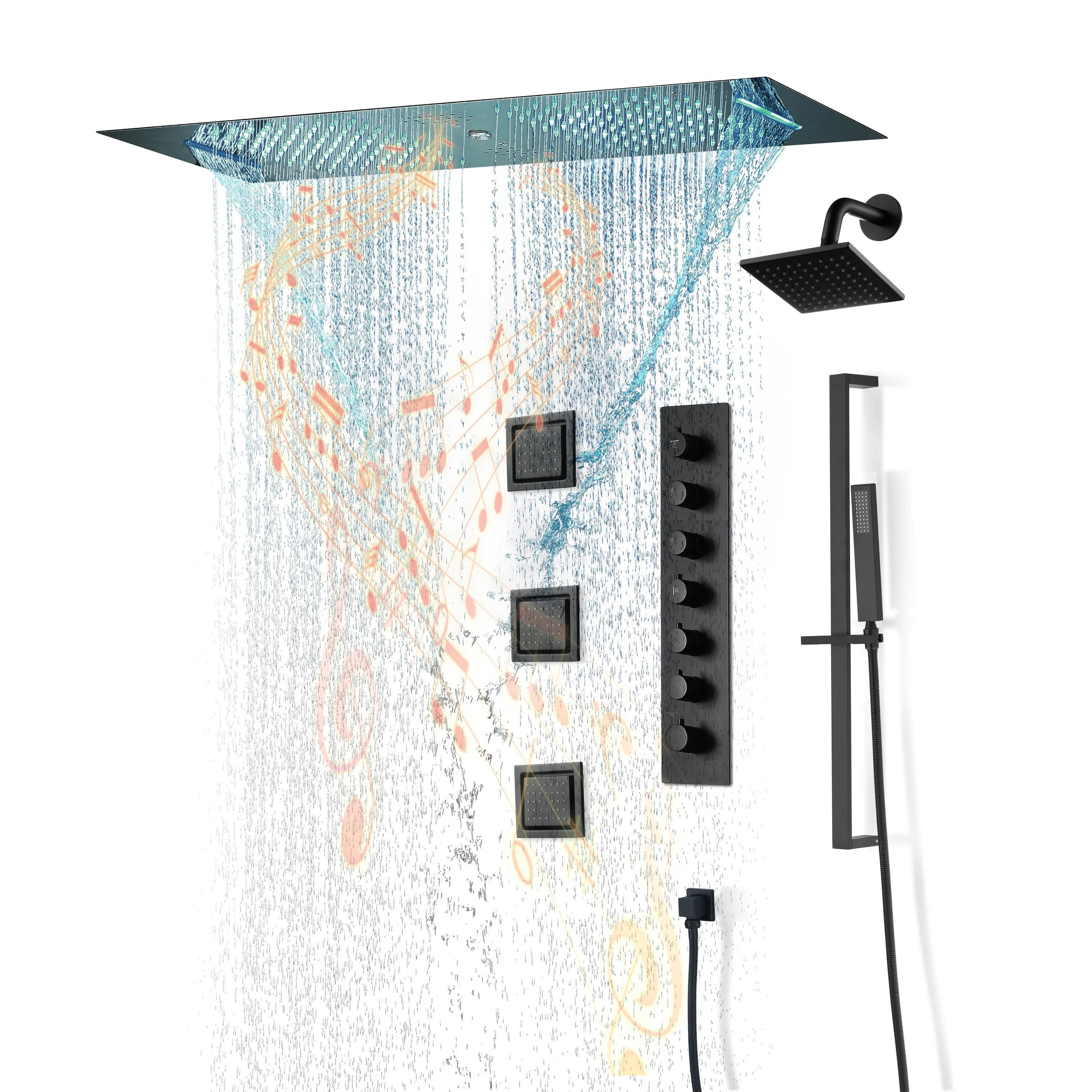 Matte Black Or Brushed nickel 35" Bluetooth Music LED Shower System with Waterfall, 6-Way Digital Thermostatic Valve, 3 Body Jets - Image 3