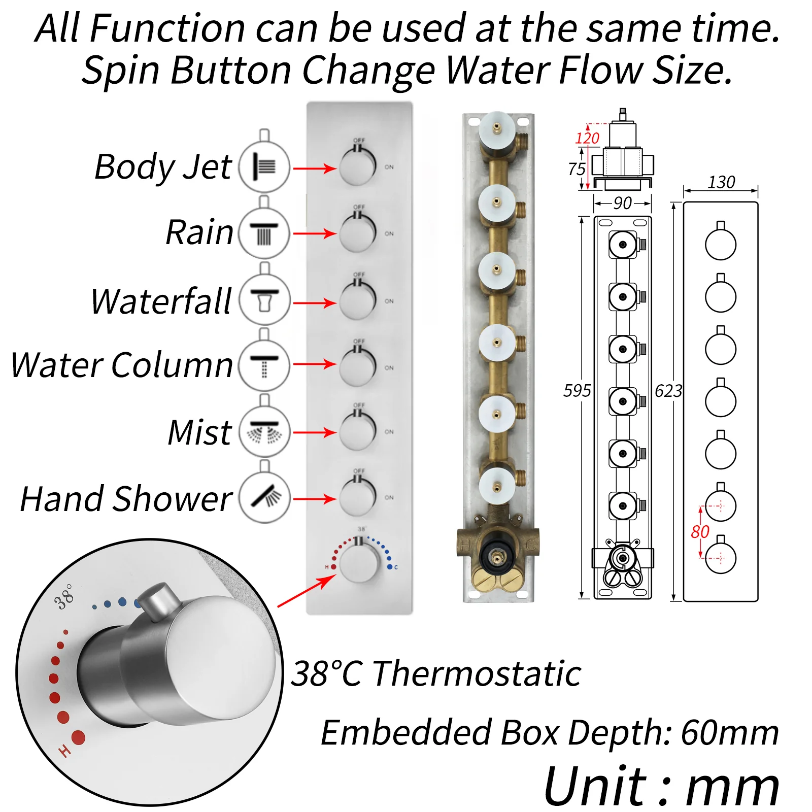 Matte Black Or Brushed nickel 35" Bluetooth Music LED Shower System with Waterfall, 6-Way Digital Thermostatic Valve, 3 Body Jets - Image 32